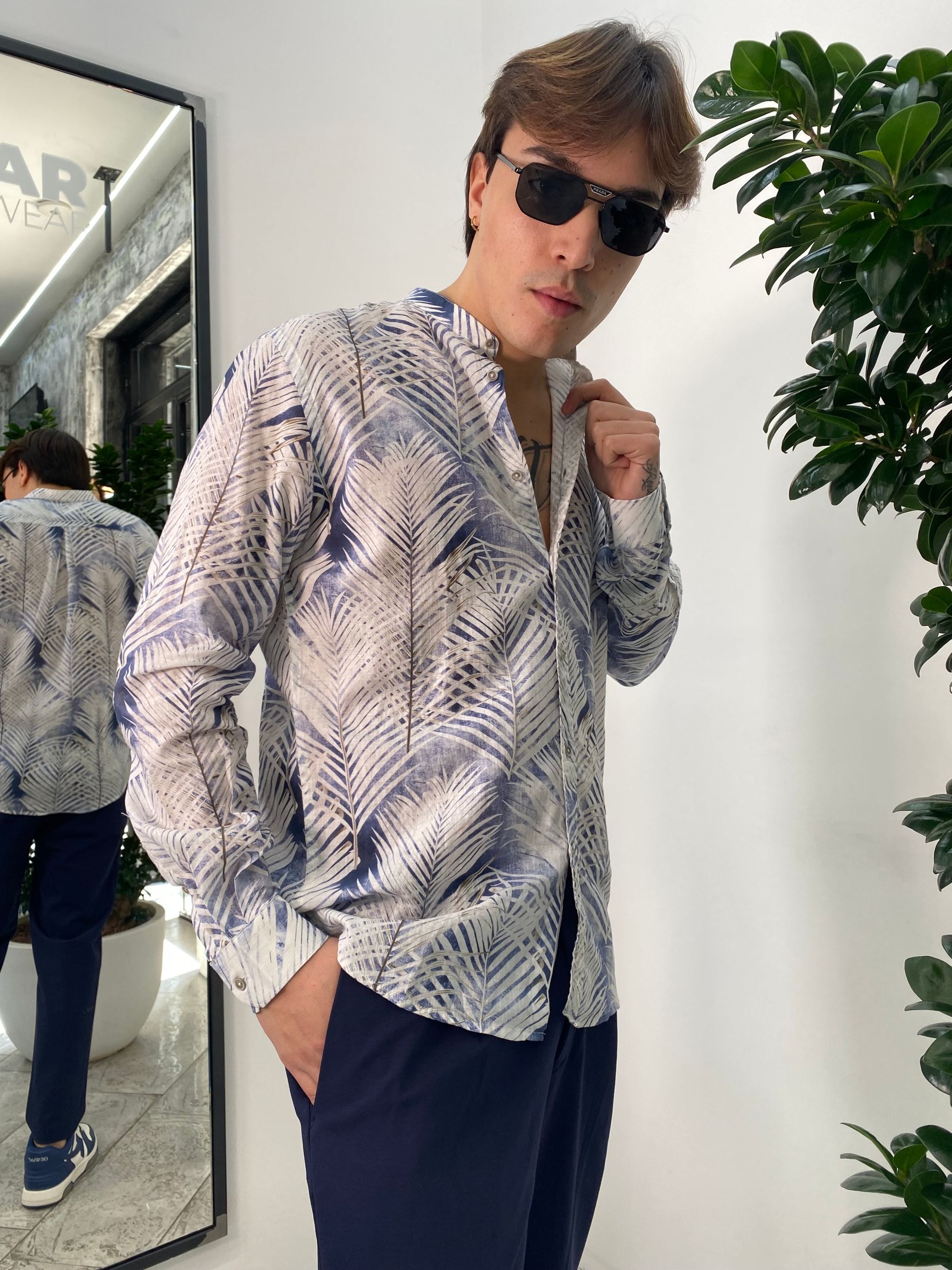 CAMICIA COREANA FANTASIA IN MISTO LINO/COTONE - REGULAR FIT FIOLIN528.LTBLUE