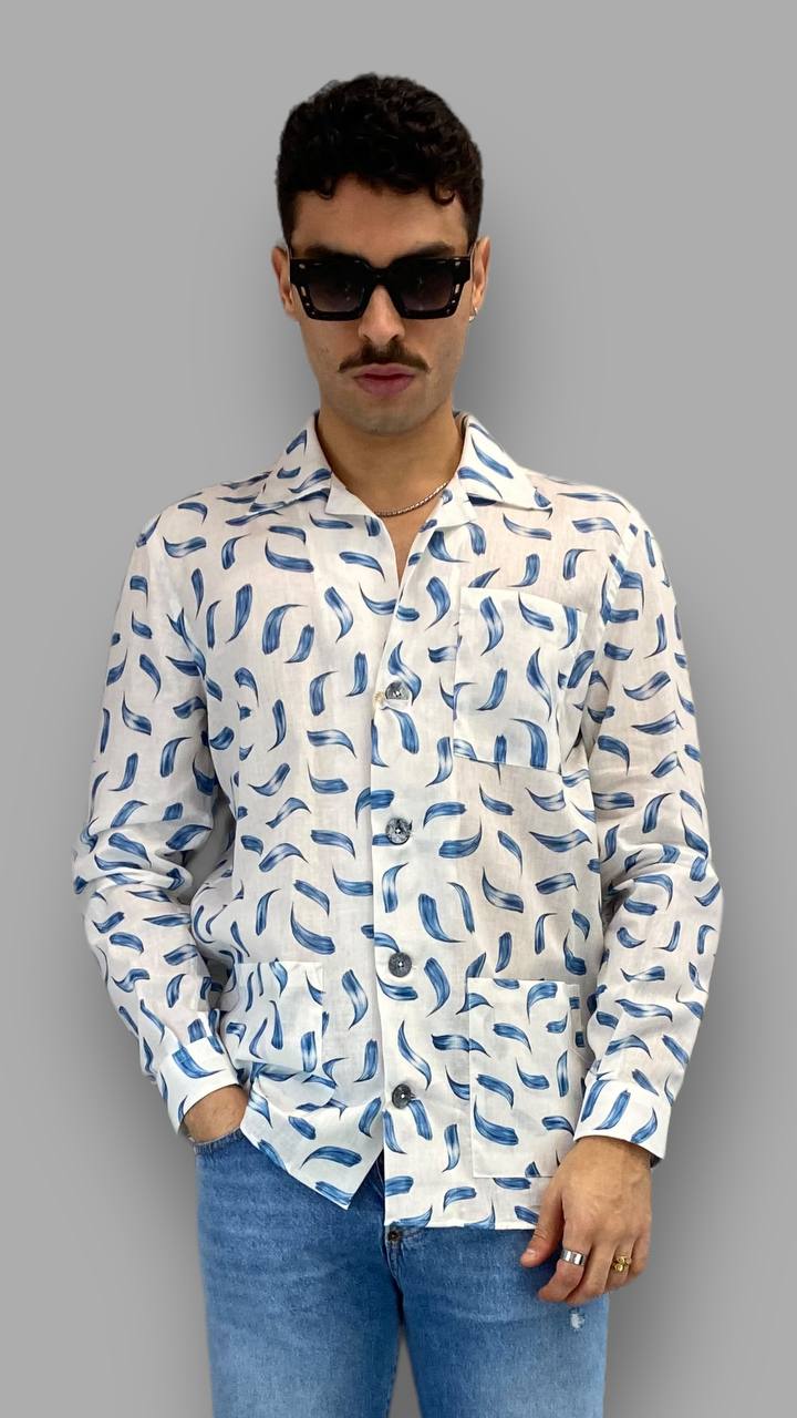 GIACCA CAMICIA IN 100% LINO FANTASIA CON BOTTONI EFFETTO LEGNO - REGULAR FIT
