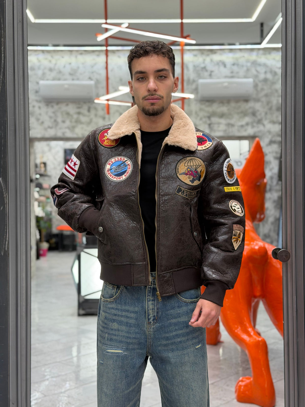 GIUBBINO MODELLO AVIATOR SIMIL MONTONE CON PATCH APPLICATI - OVER FIT M-262397