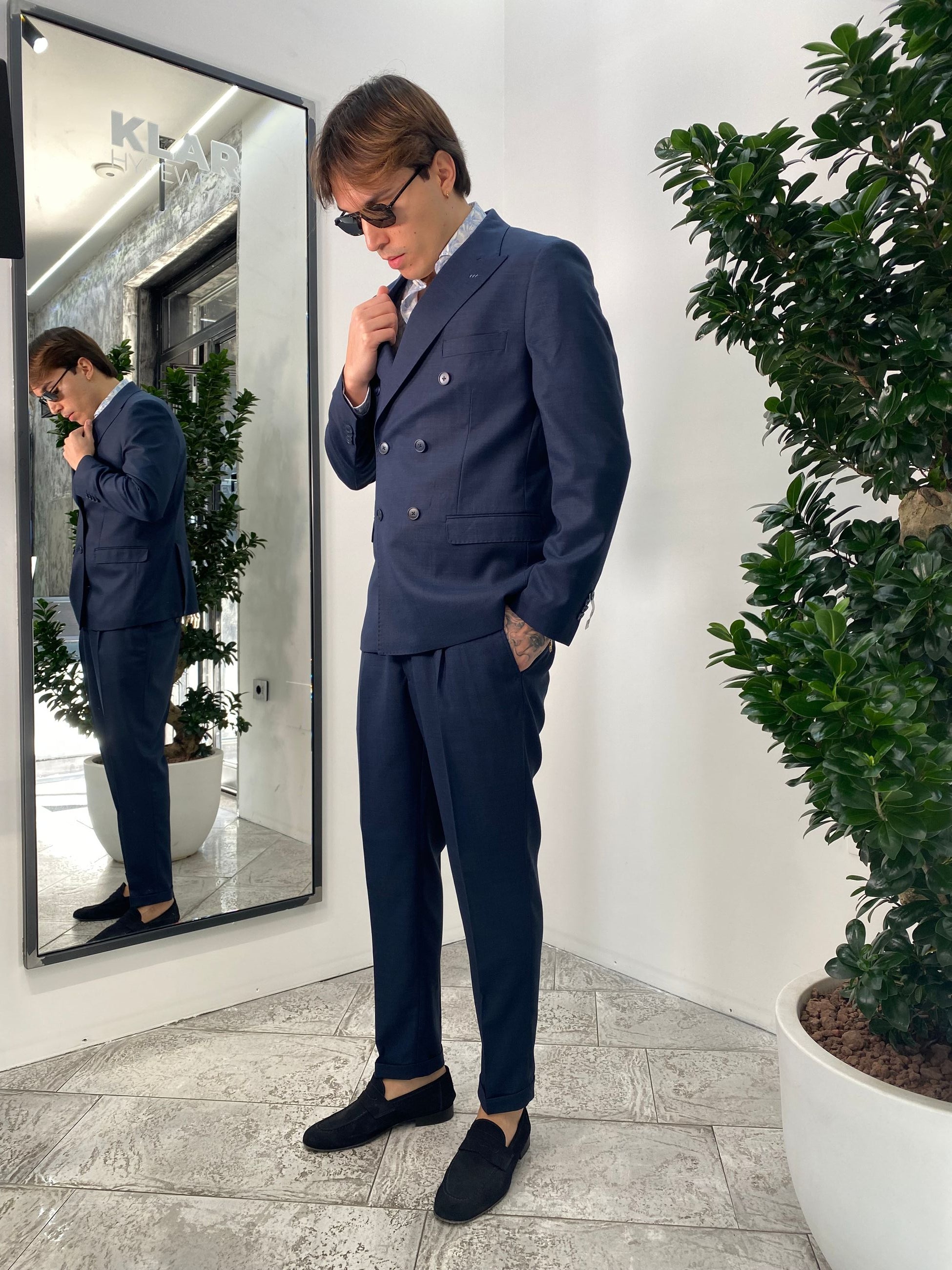 ABITO COMPLETO GIACCA DOPPIOPETTO E PANTALONE IN TESSUTO EFFETTO FIAMMATO - REGULR FIT ABE45SS.BLU