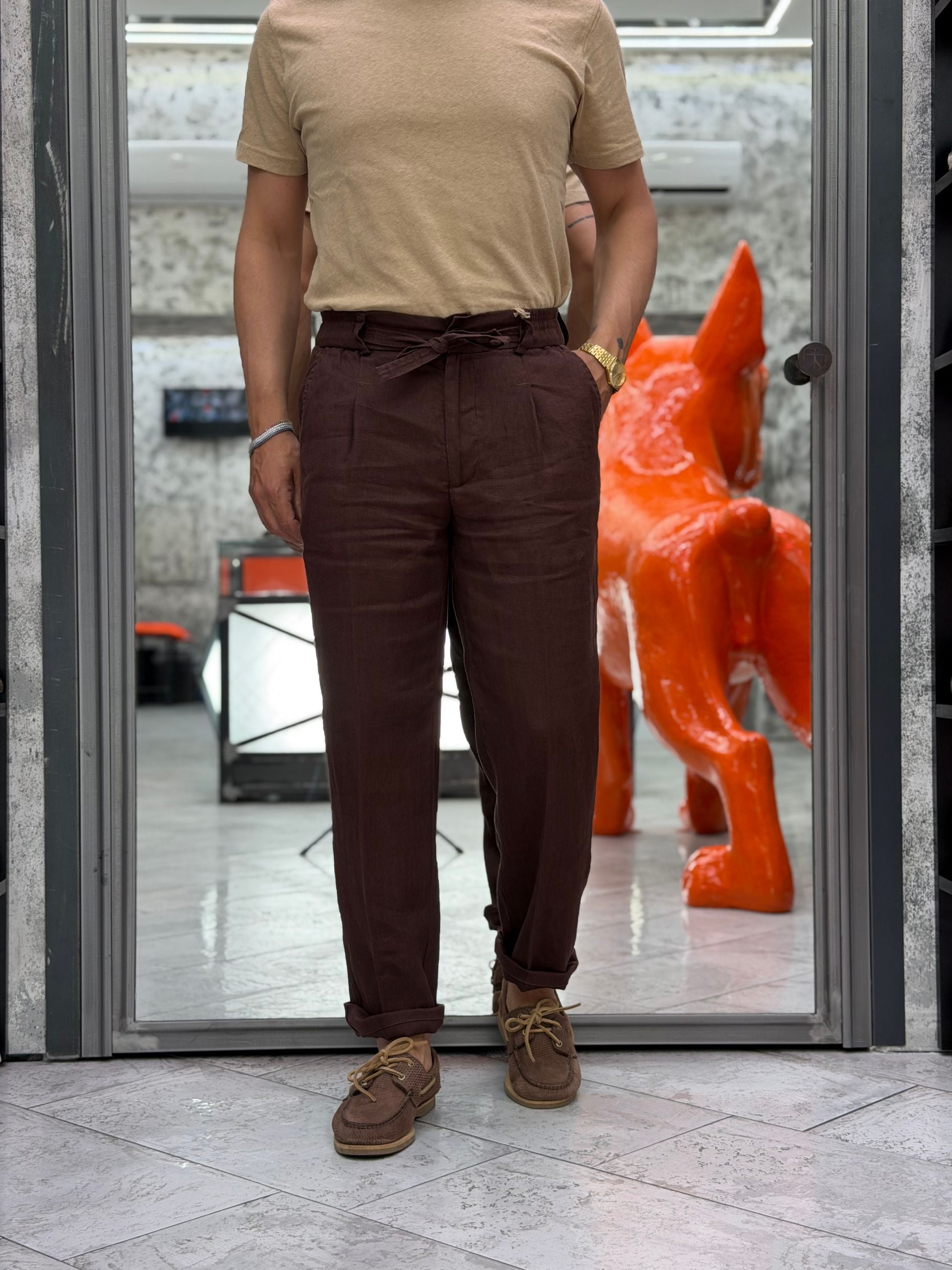 PANTALACCIO IN 100% LINO DA COMPLETO TASCA AMERICA CON PINCE - REGULAR FIT PSE1527SS.MOK