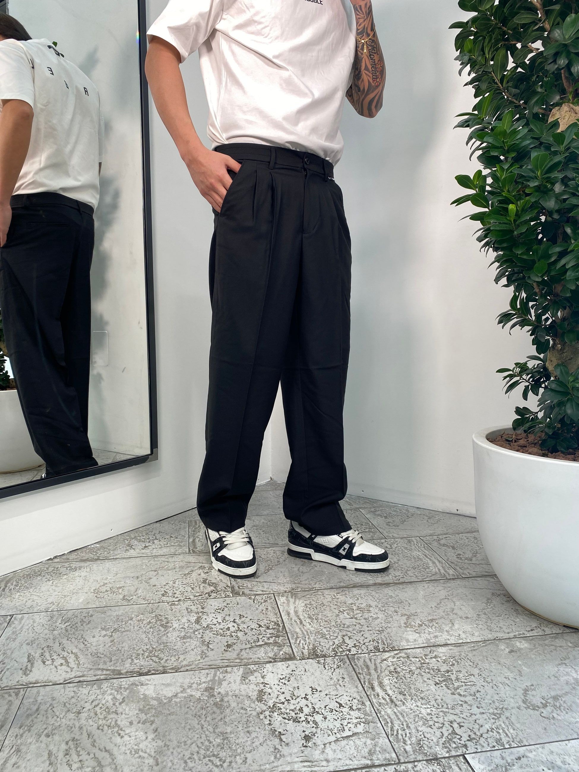 PANTALONE TASCA AMERICA CON DOPPIA PINCE E COULISSE IN VITA - WIDE LEG GLW7024H.NER