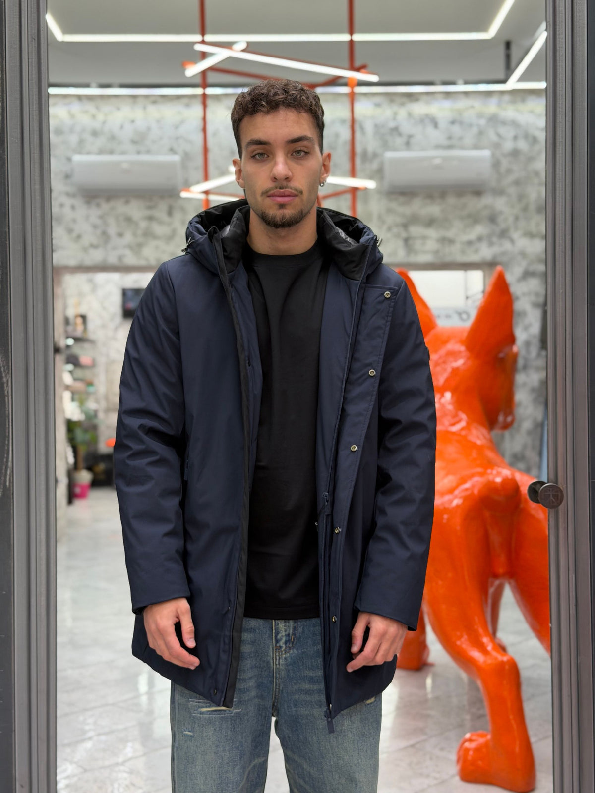 PARKA LUNGO CON CAPPUCCIO IN TESSUTO TECNICO WATERPROOF & WINDPROOF - REGULAR FIT MK24007-26.BLU