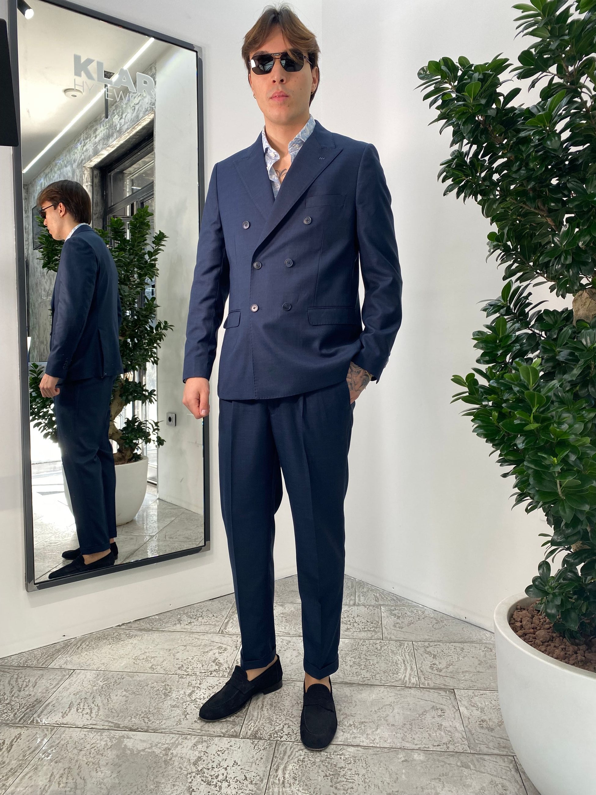 ABITO COMPLETO GIACCA DOPPIOPETTO E PANTALONE IN TESSUTO EFFETTO FIAMMATO - REGULR FIT ABE45SS.BLU