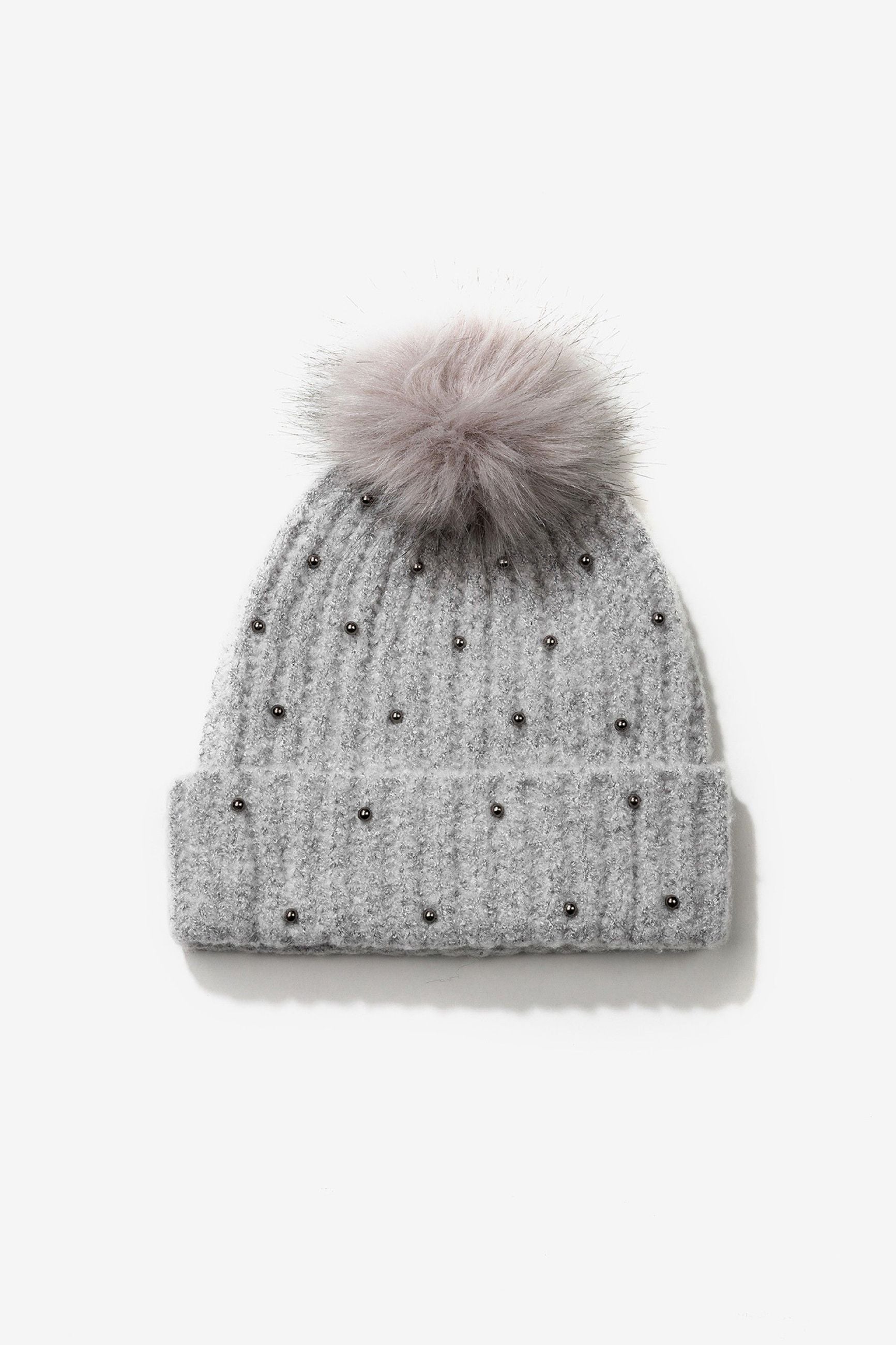 SET SHANGAI COMPOSTO DA BERRETTO E SCIARPA IN MAGLIA A COSTE CON APPLICAZIONI METALLICHE E POMPON 10063277