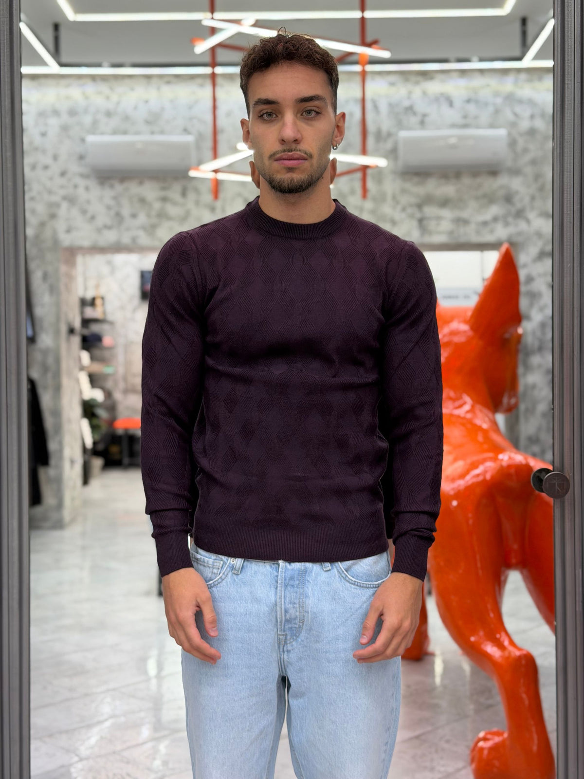 MAGLIA GIROCOLLO IN MISTO LANA CON TRAMA ROMBI - REGULAR FIT MI3353SS.MEL
