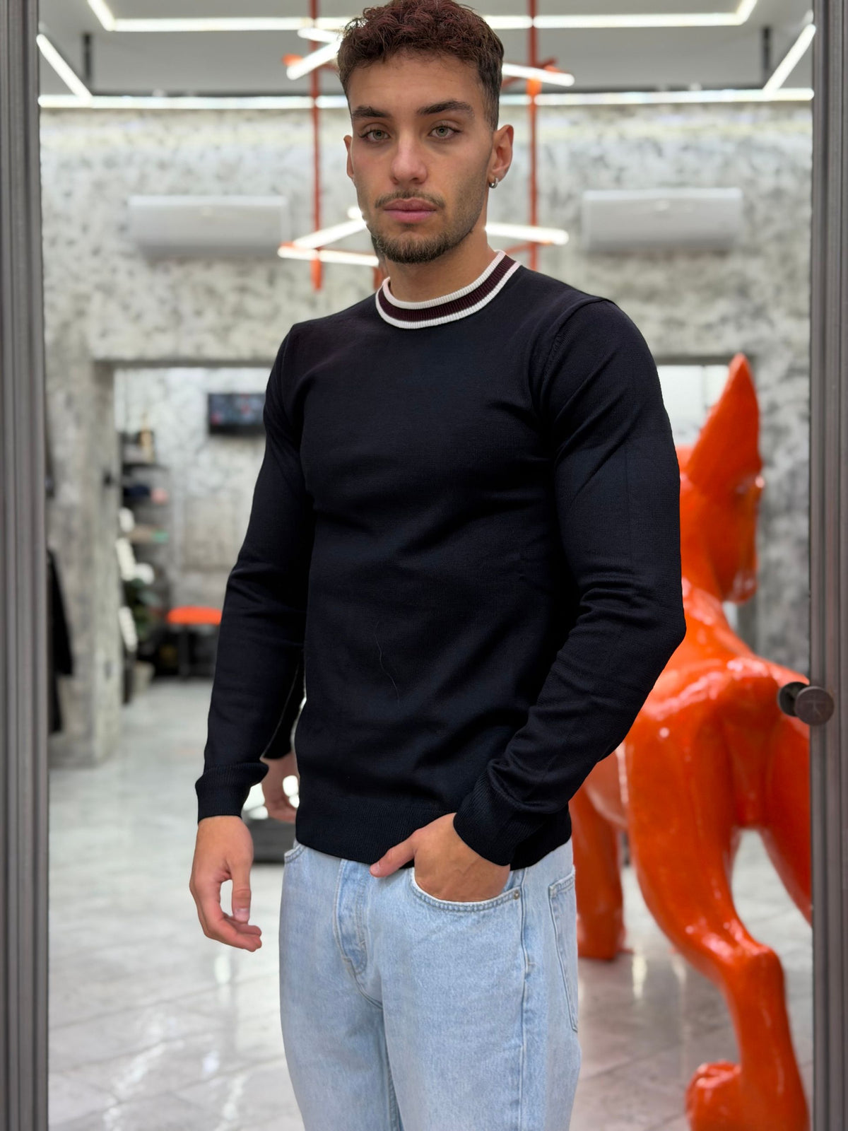 MAGLIA GIROCOLLO IN MORBIDA VISCOSA CON CONTRASTO - REGULAR FIT MI3443SS.BLU