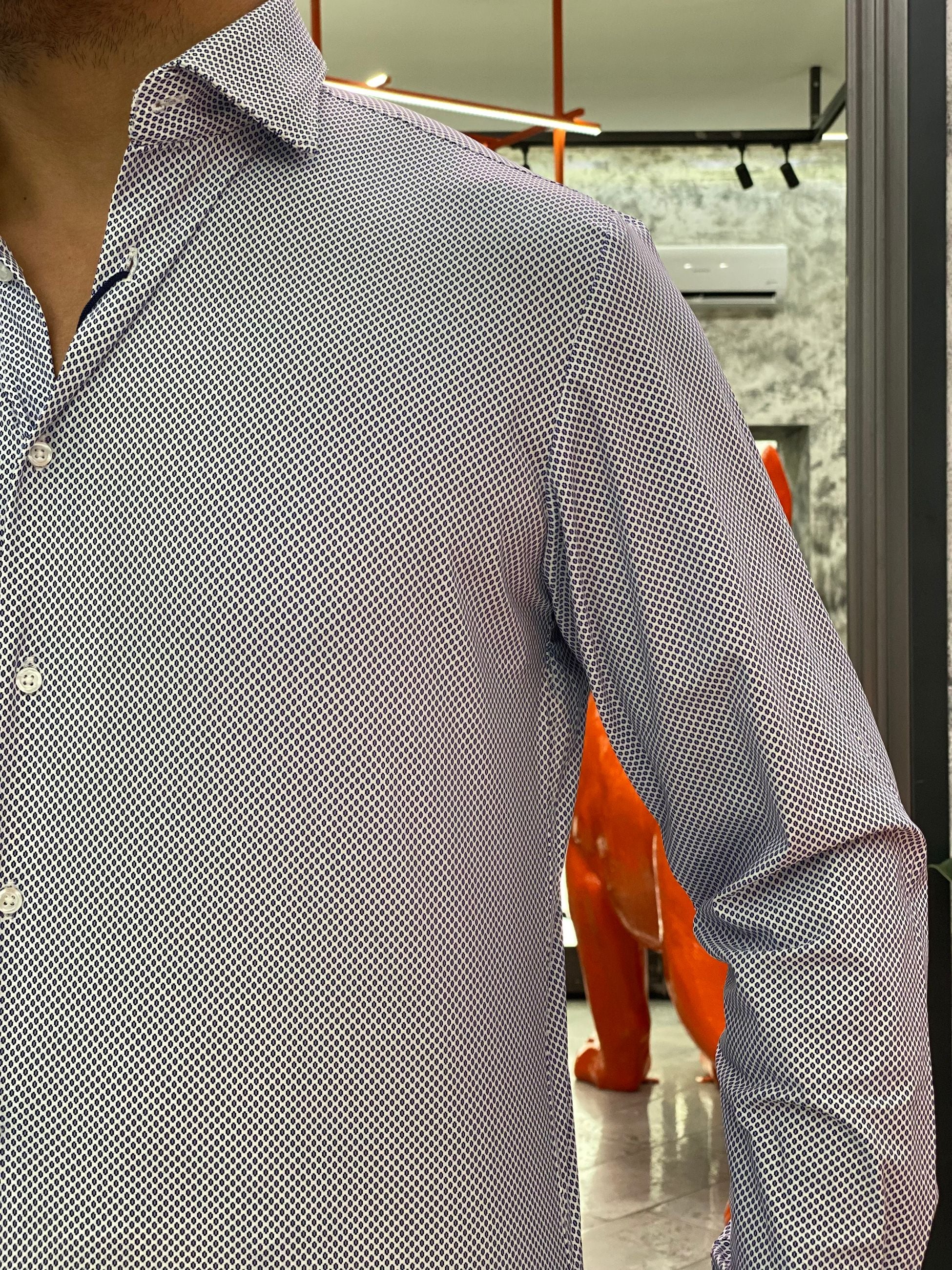 CAMICIA NO STIRO IN TESSUTO PREMIUM MICRO FANTASIA - REGULAR FIT FIO4030NY.BLU