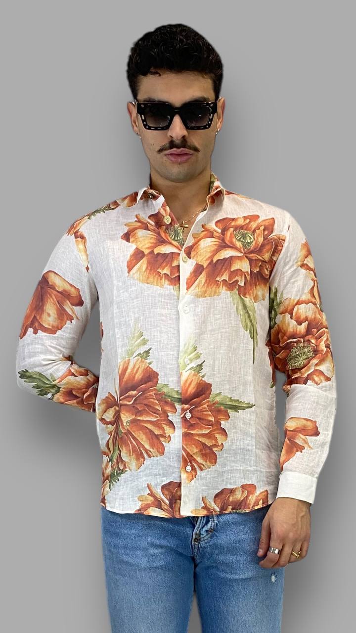 CAMICIA IN 100% LINO FANTASIA FIORI GRANDI CON BOTTONI EFFETTO LEGNO - SLIM FIT