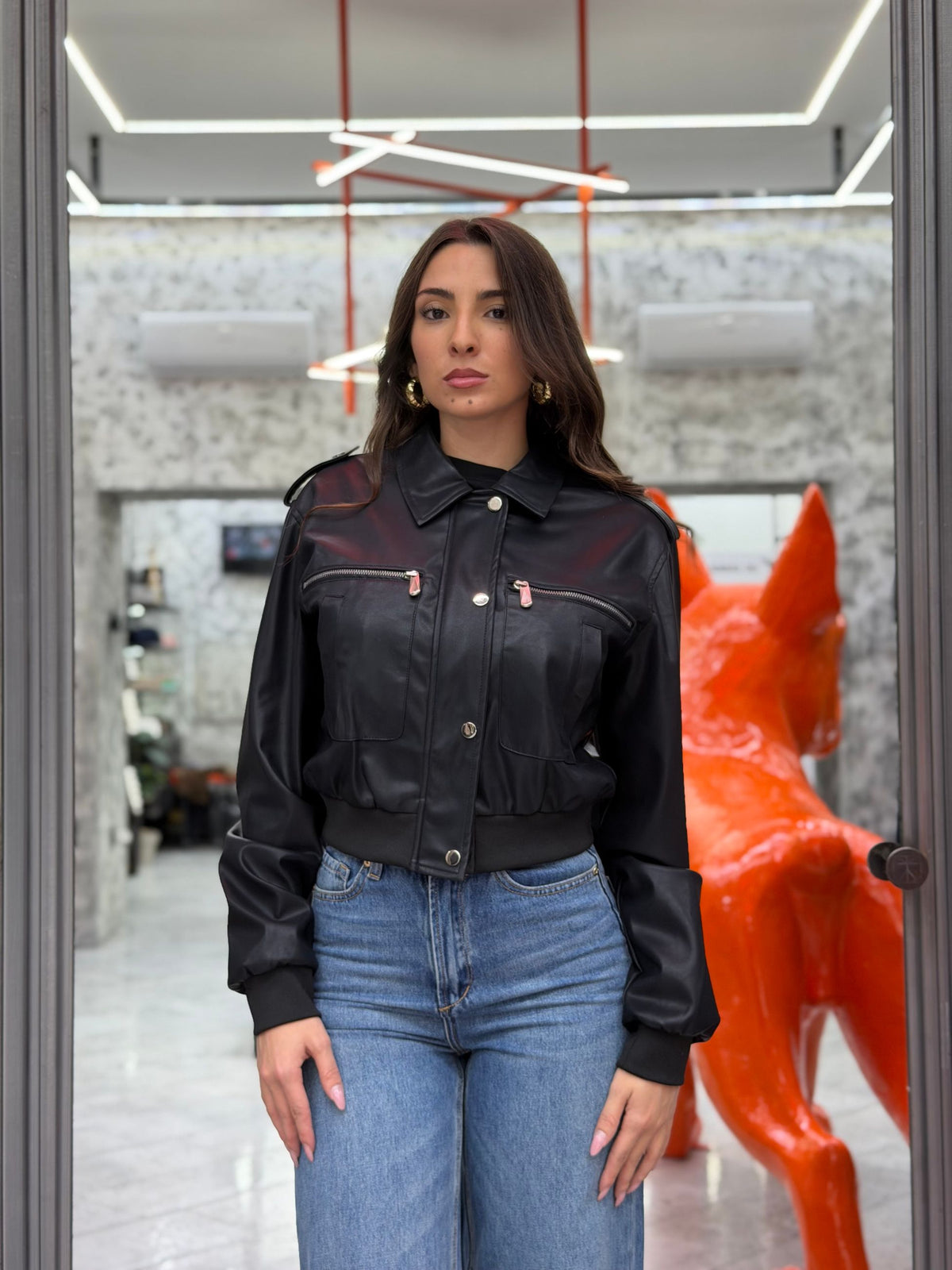 GIUBBINO CROPPED IN ECOPELLE CON CHIUSURA BOTTONI/ZIP - REGULAR FIT GLD1012YD.NER