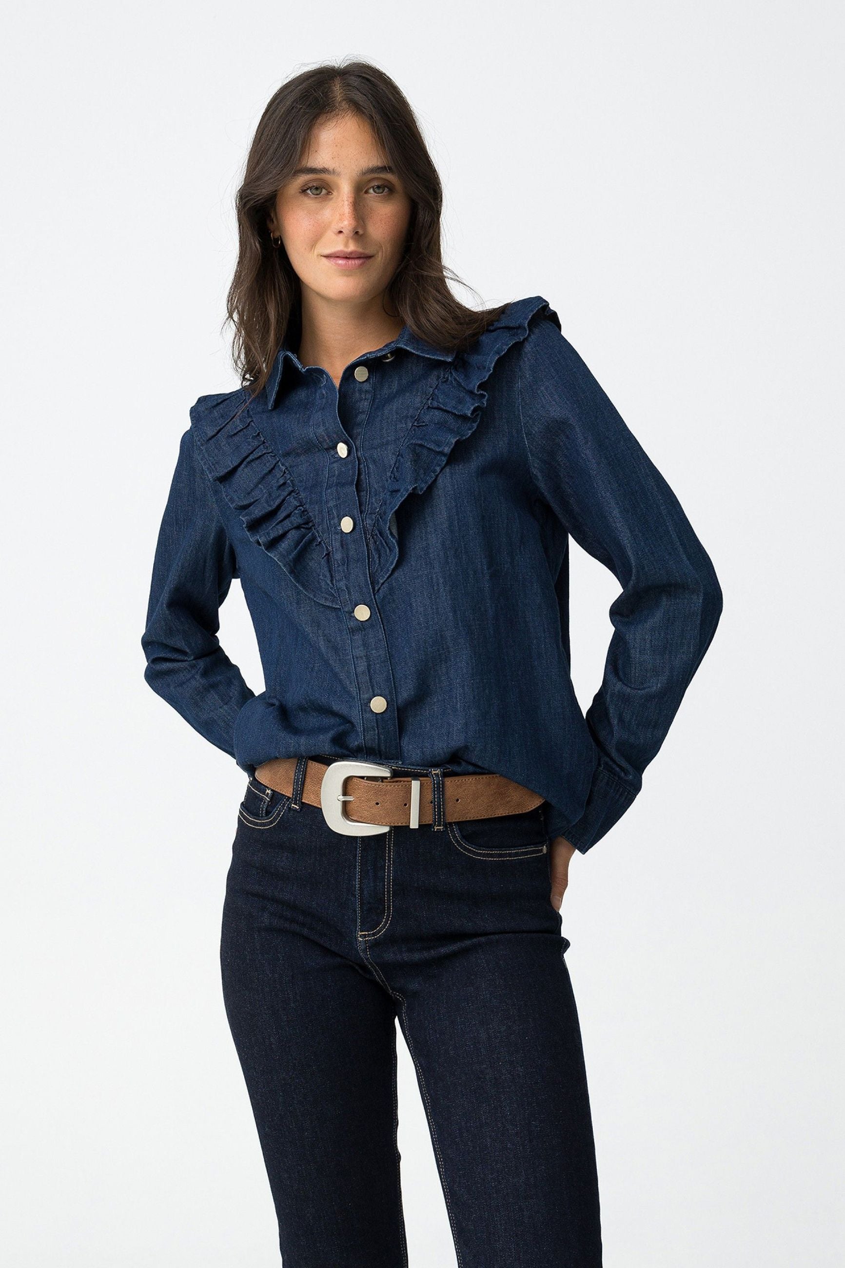 CAMICIA IN JEANS WEST CON ROUCHE E BOTTONI AUTOMATICI IN METALLO - REGULAR FIT 10062765
