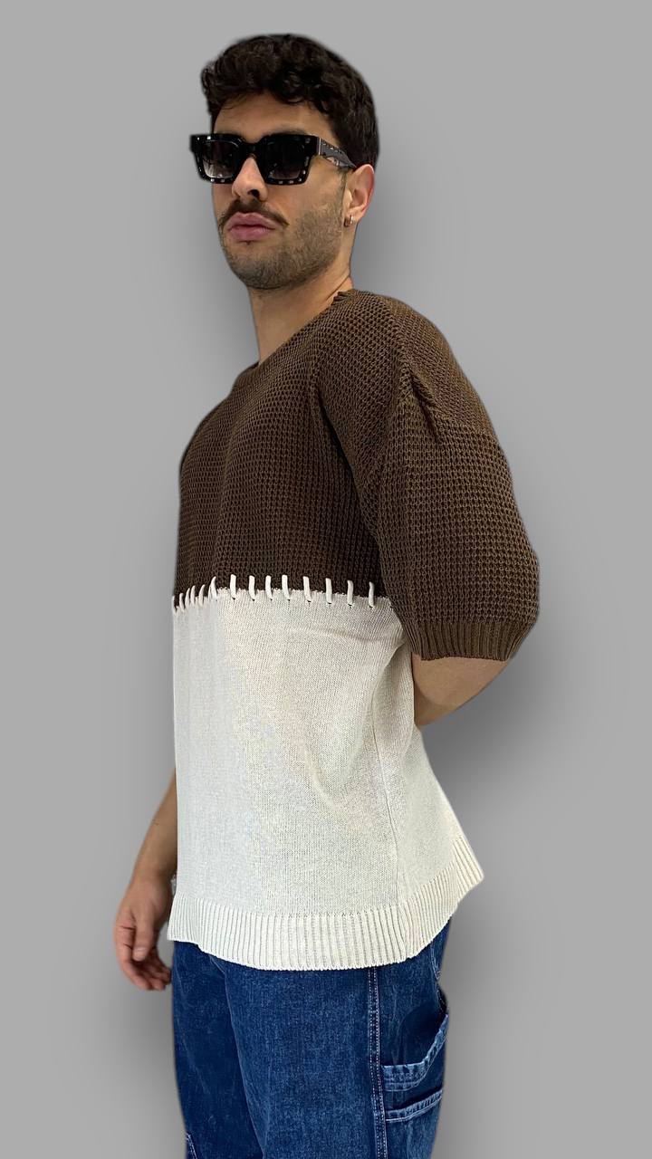 T-SHIRT IN FILO BICOLOR CON RICAMO CENTRALE - OVERSIZE FIT