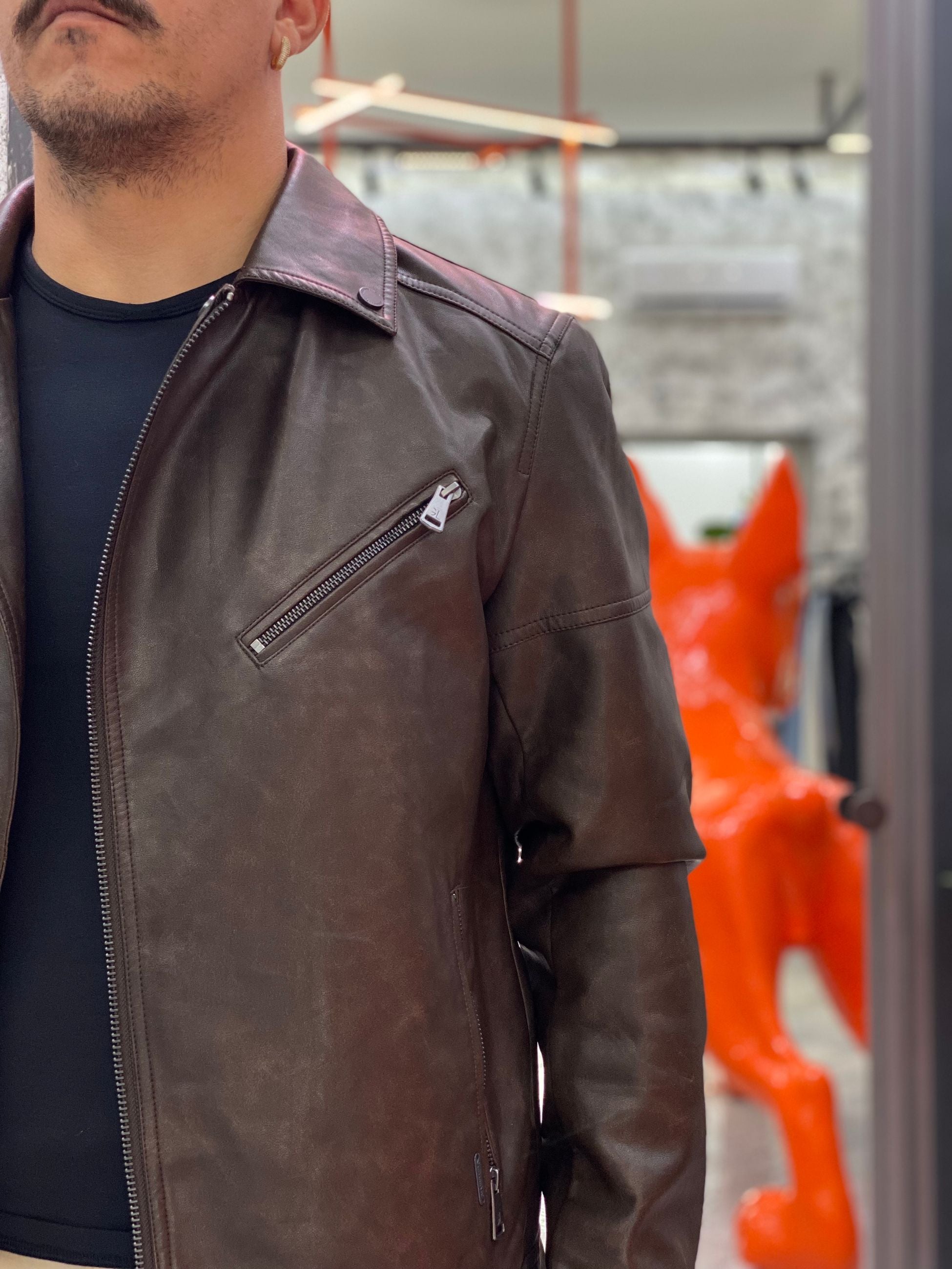 GIUBBINO CHIODO MODELLO BIKER IN ECOPELLE EFFETTO MARMORIZZATO - REGULAR FIT GL9819.CAF