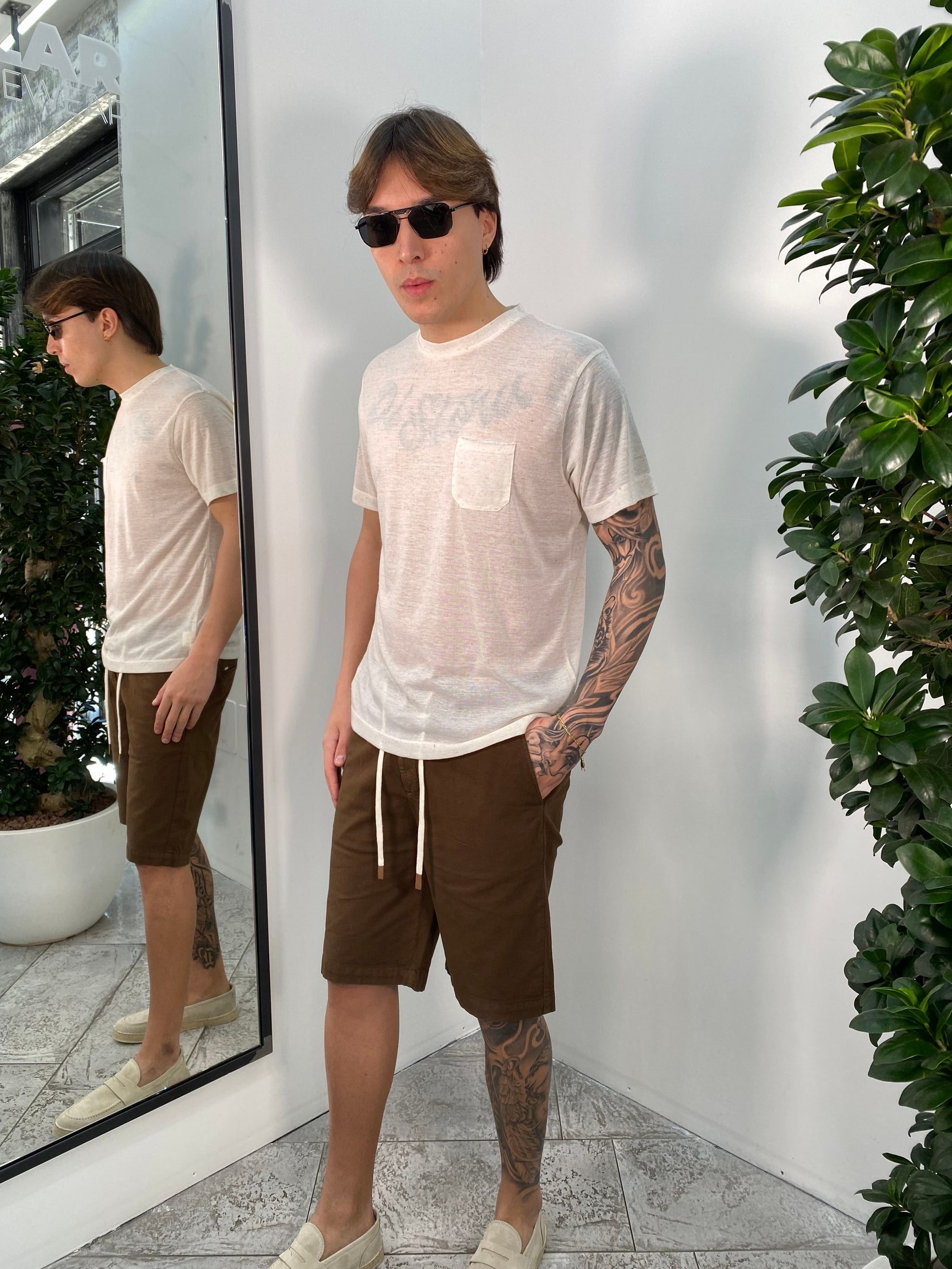 T-SHIRT IN MISTO LINO EFFETTO PUNTINATO CON TASCHINO - REGULAR FIT TE2956SS.OFFW