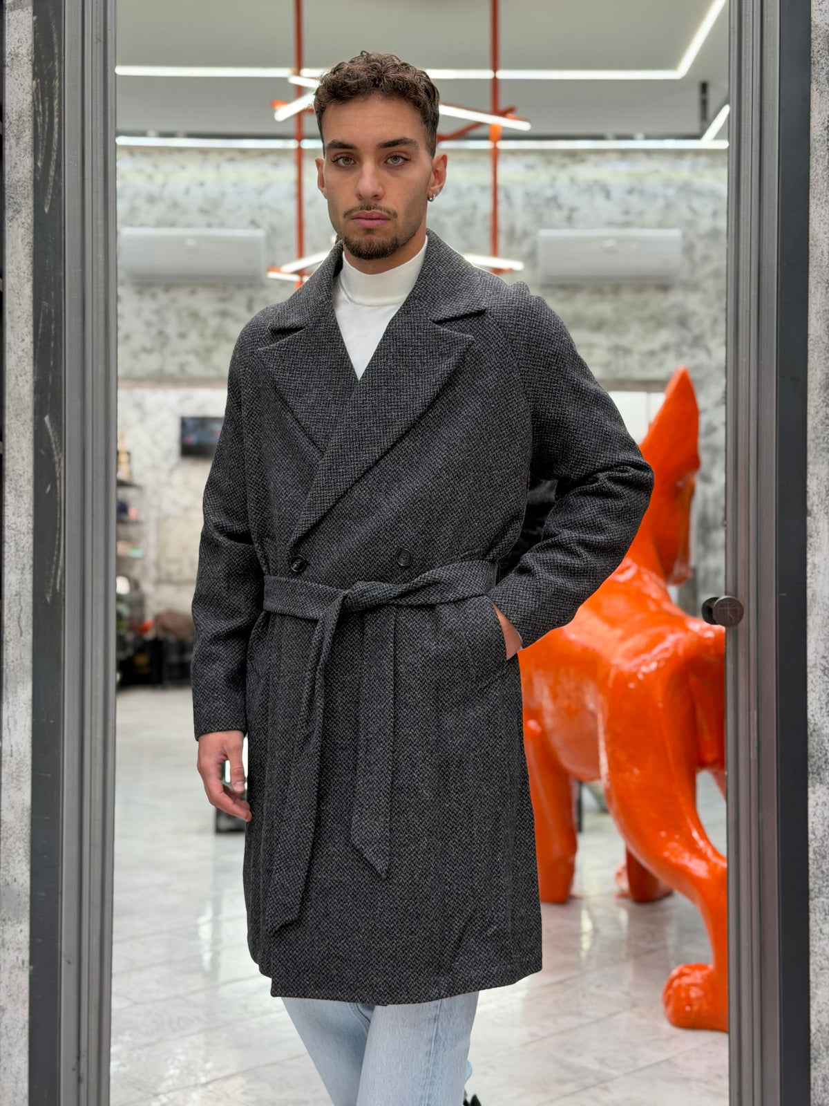 CAPPOTTO DOPPIOPETTO CON CINTURA IN PANNO RESCA - OVERSIZE FIT MK2940604