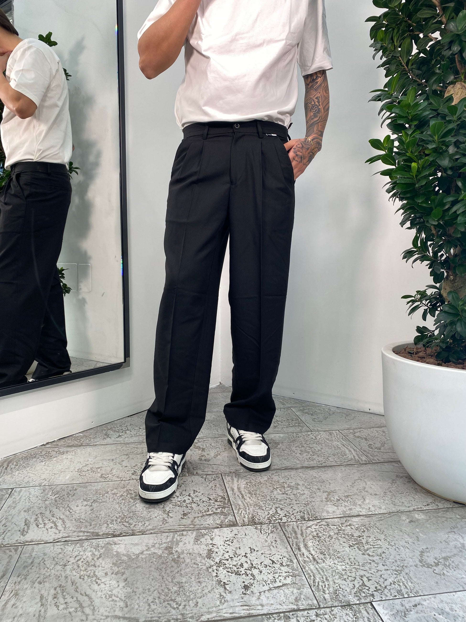 PANTALONE TASCA AMERICA CON DOPPIA PINCE E COULISSE IN VITA - WIDE LEG GLW7024H.NER