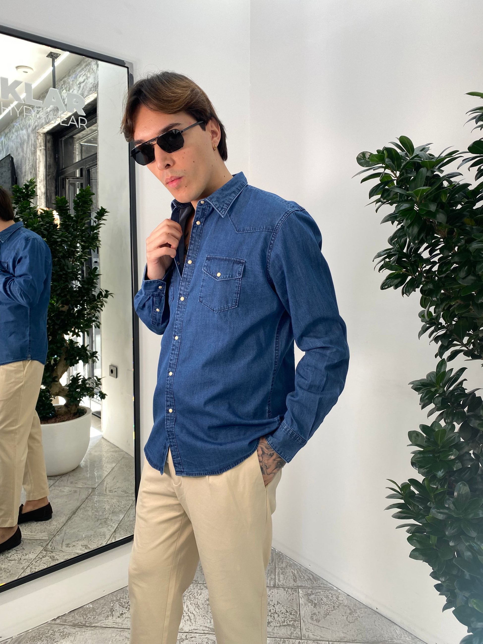 CAMICIA TEXANA IN DENIM FISSO CON BOTTONI AUTOMATICI IN MADREPERLA - SLIM FIT 1030A-S-JEANS