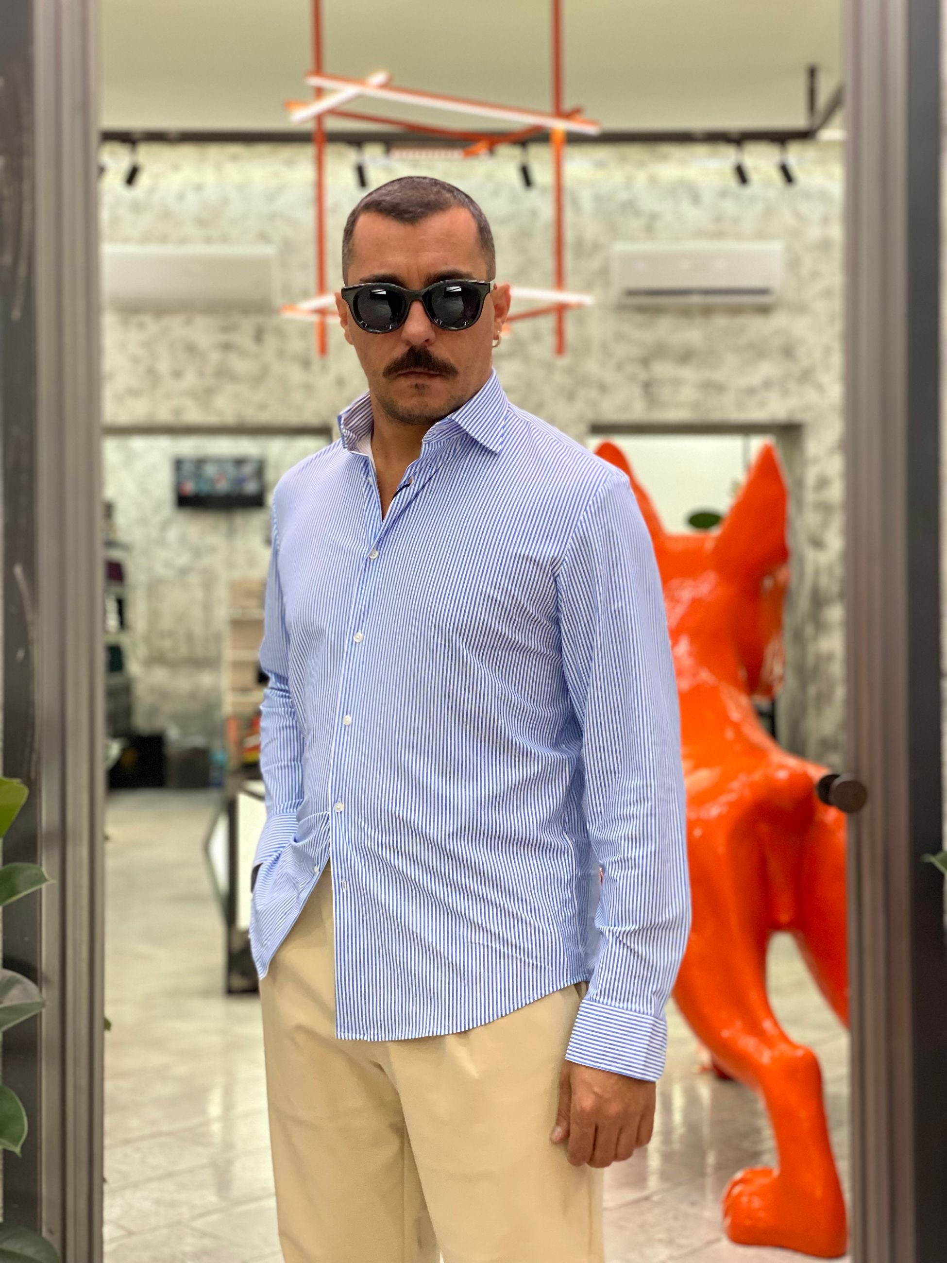 CAMICIA NO STIRO IN TESSUTO PREMIUM FANTASIA RIGHE FIAMMATE - REGULAR FIT FIO3042NY.AZZ