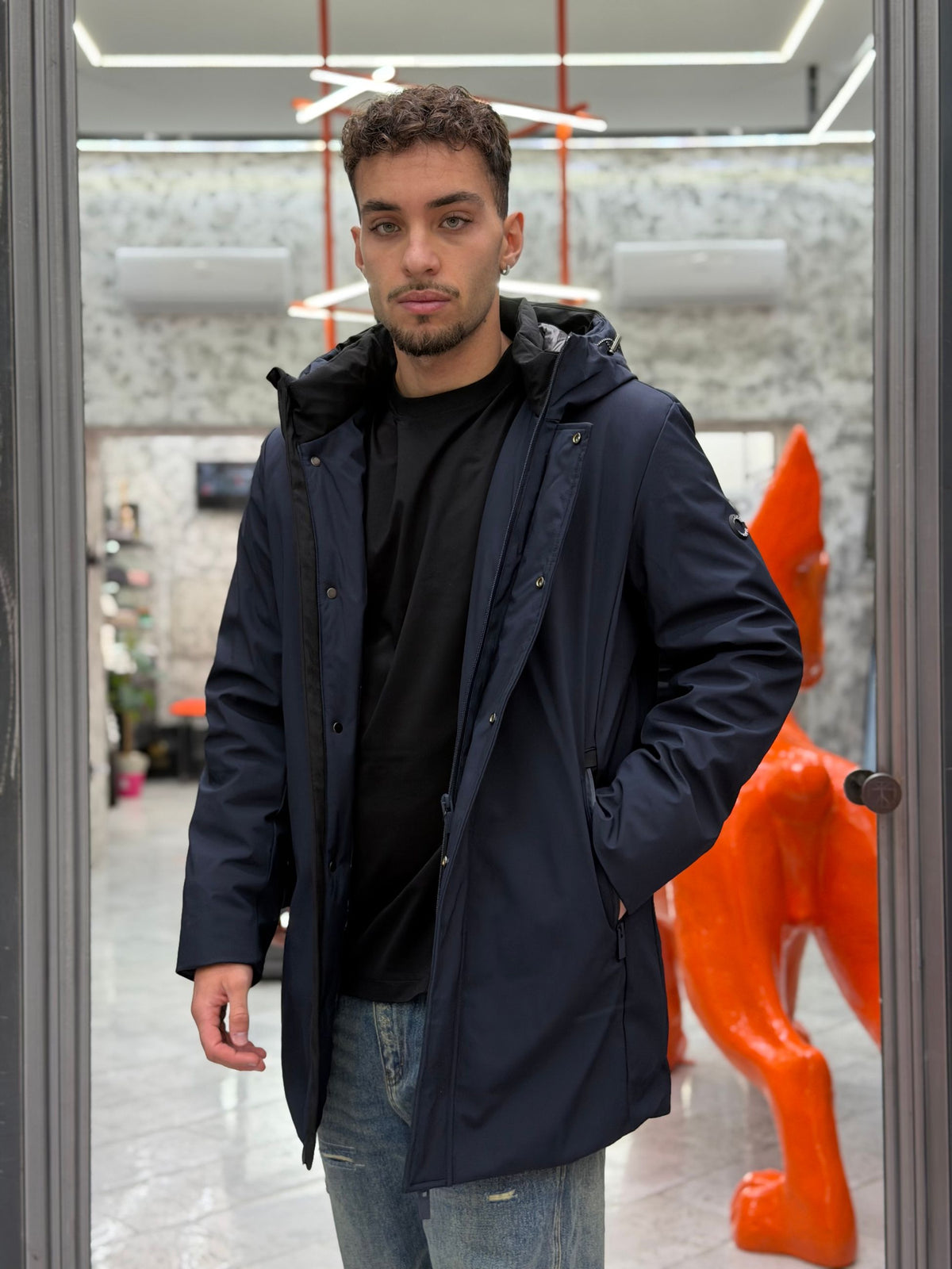 PARKA LUNGO CON CAPPUCCIO IN TESSUTO TECNICO WATERPROOF & WINDPROOF - REGULAR FIT MK24007-26.BLU