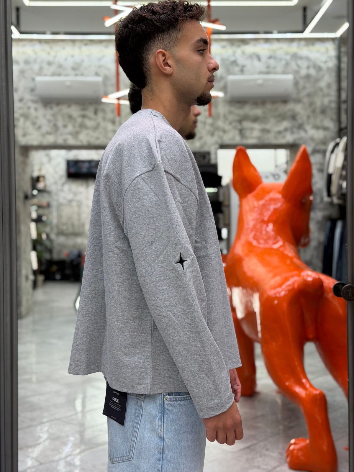MAGLIA LONG SLEEVE IN FELPA LEGGERA CON RICAMI SULLE BRACCIA - BIG OVERCROP FIT FL004.GRI