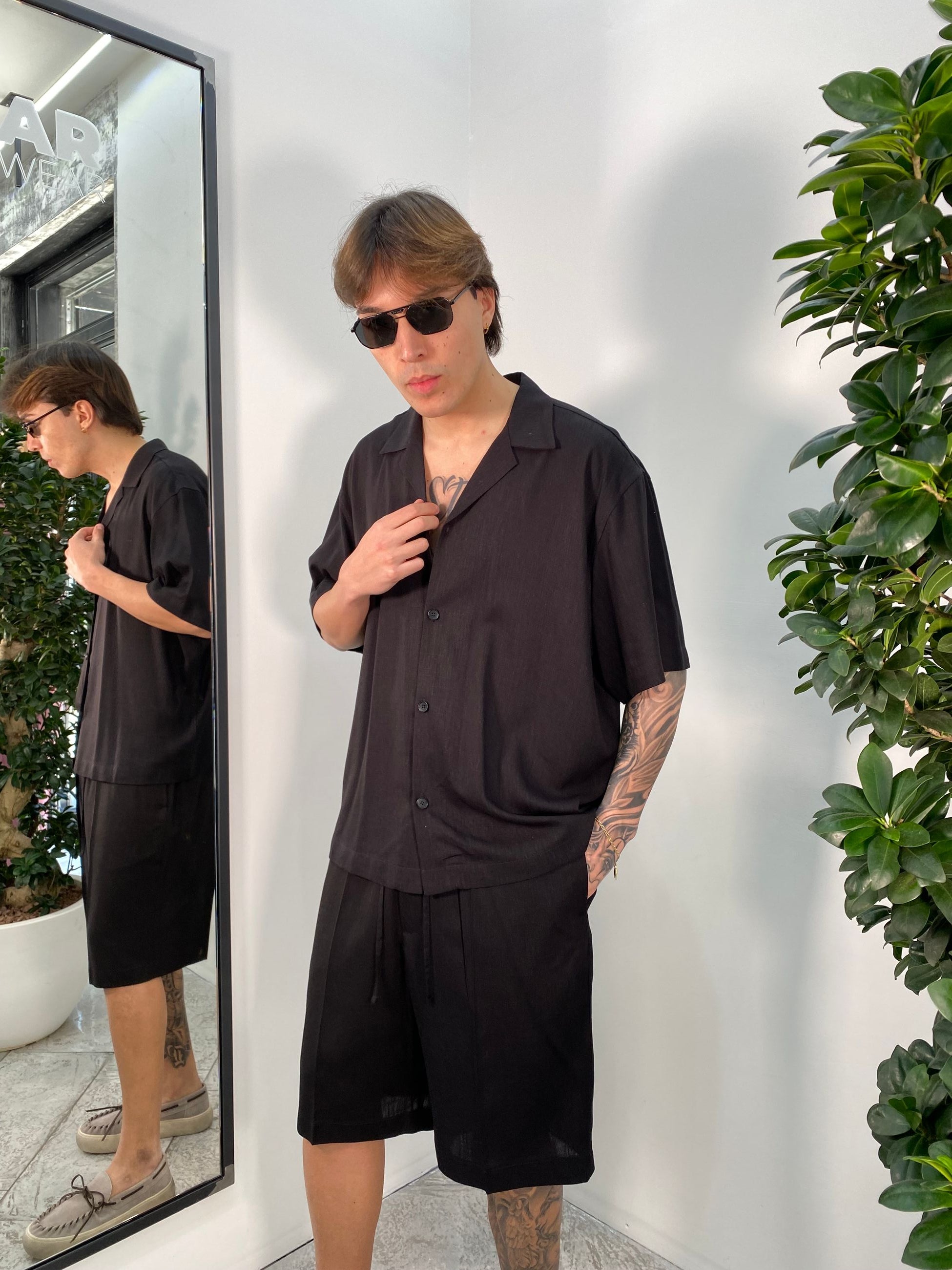 CAMICIA MEZZA MANICA IN MISTO LINO EFFETTO FIAMMATO - OVER FIT CA3283.NER