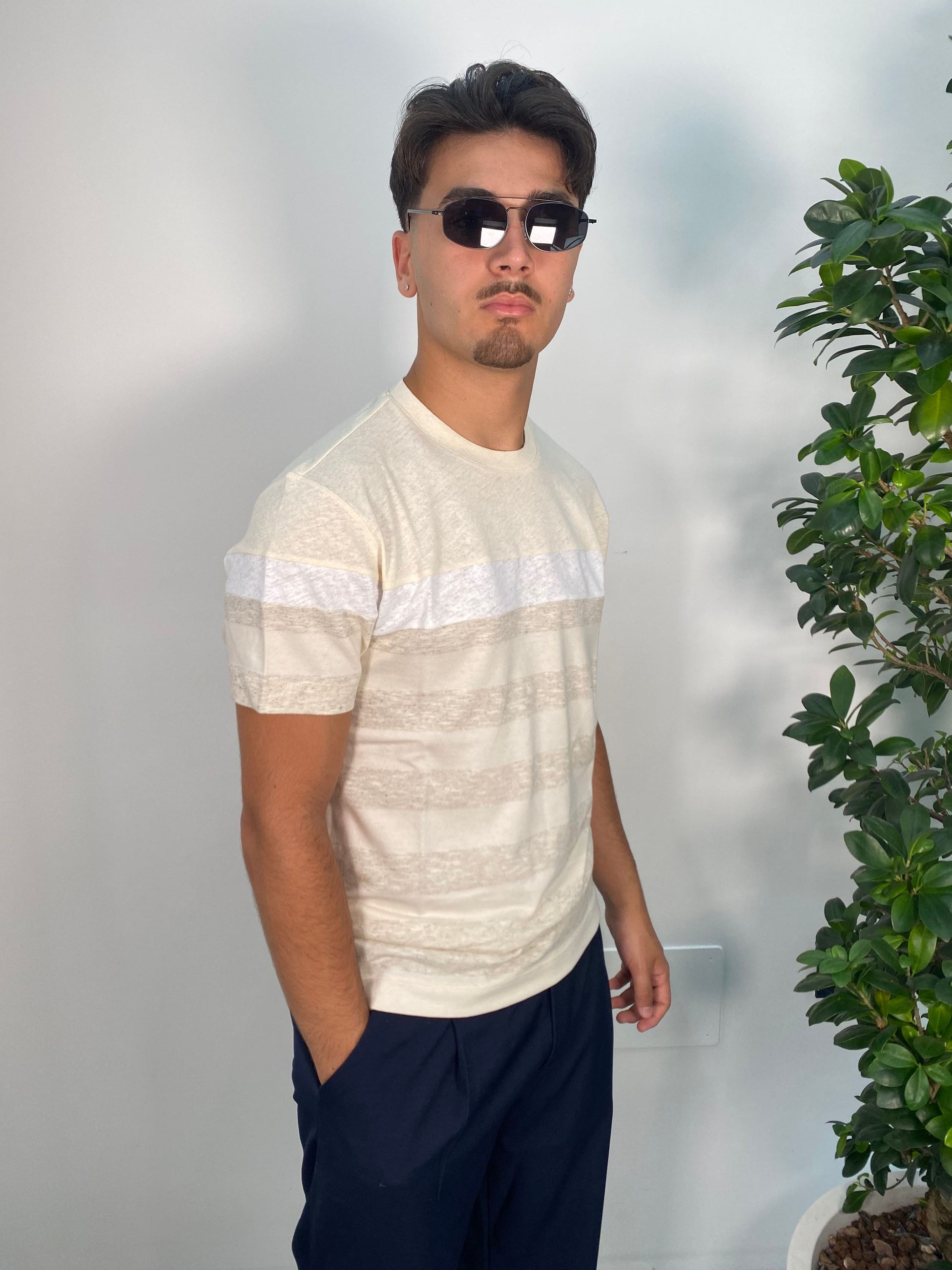 T-SHIRT IN MISTO COTONE/LINO A RIGHE LARGHE ORIZZONTALI - REGULAR FIT TE2939SS.BIGE