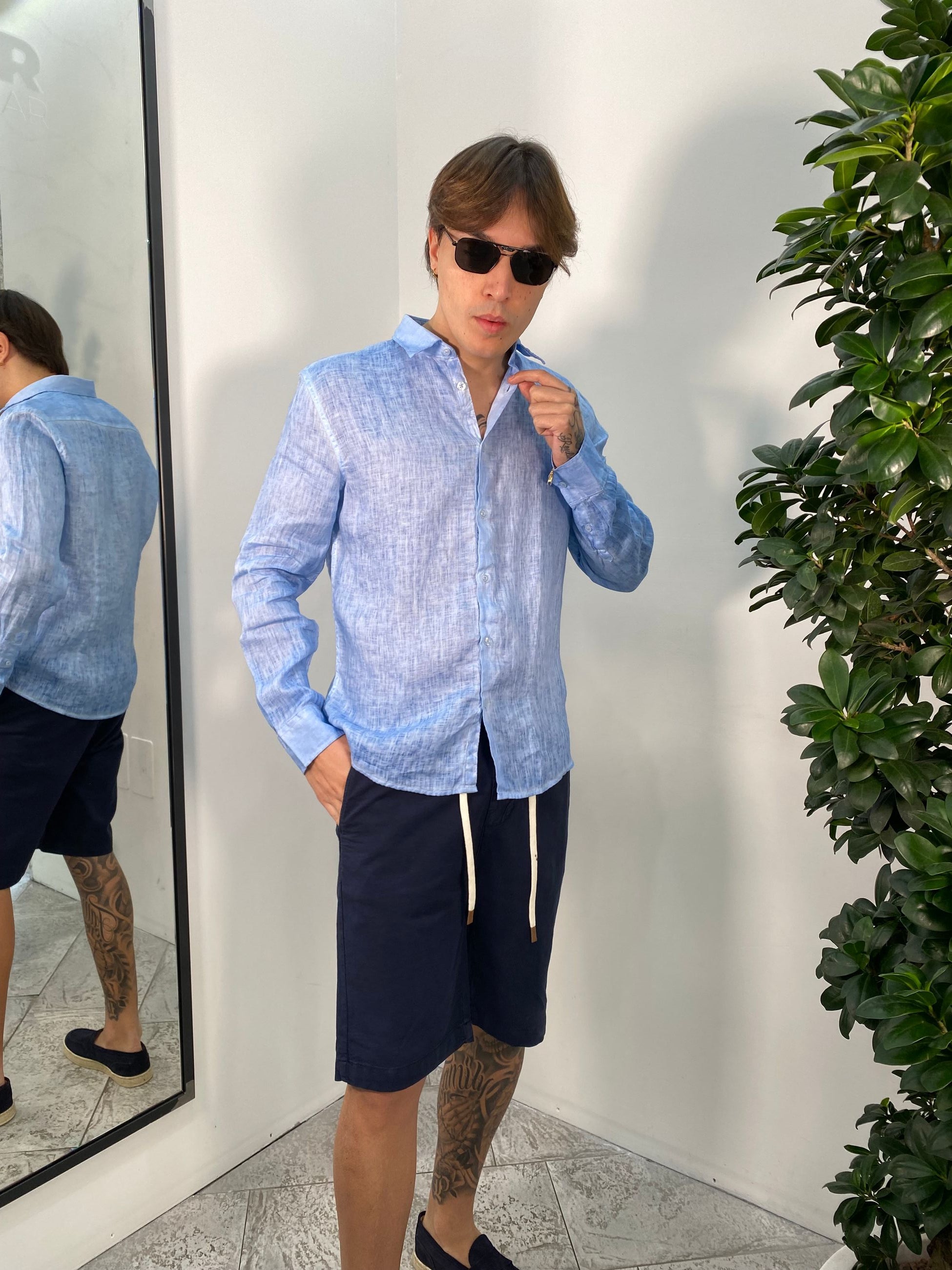 CAMICIA COLLO ALL'ITALIANA MANICA LUNGA IN 100% LINO FIAMMATO - REGULAR FIT CE998SS.CEL