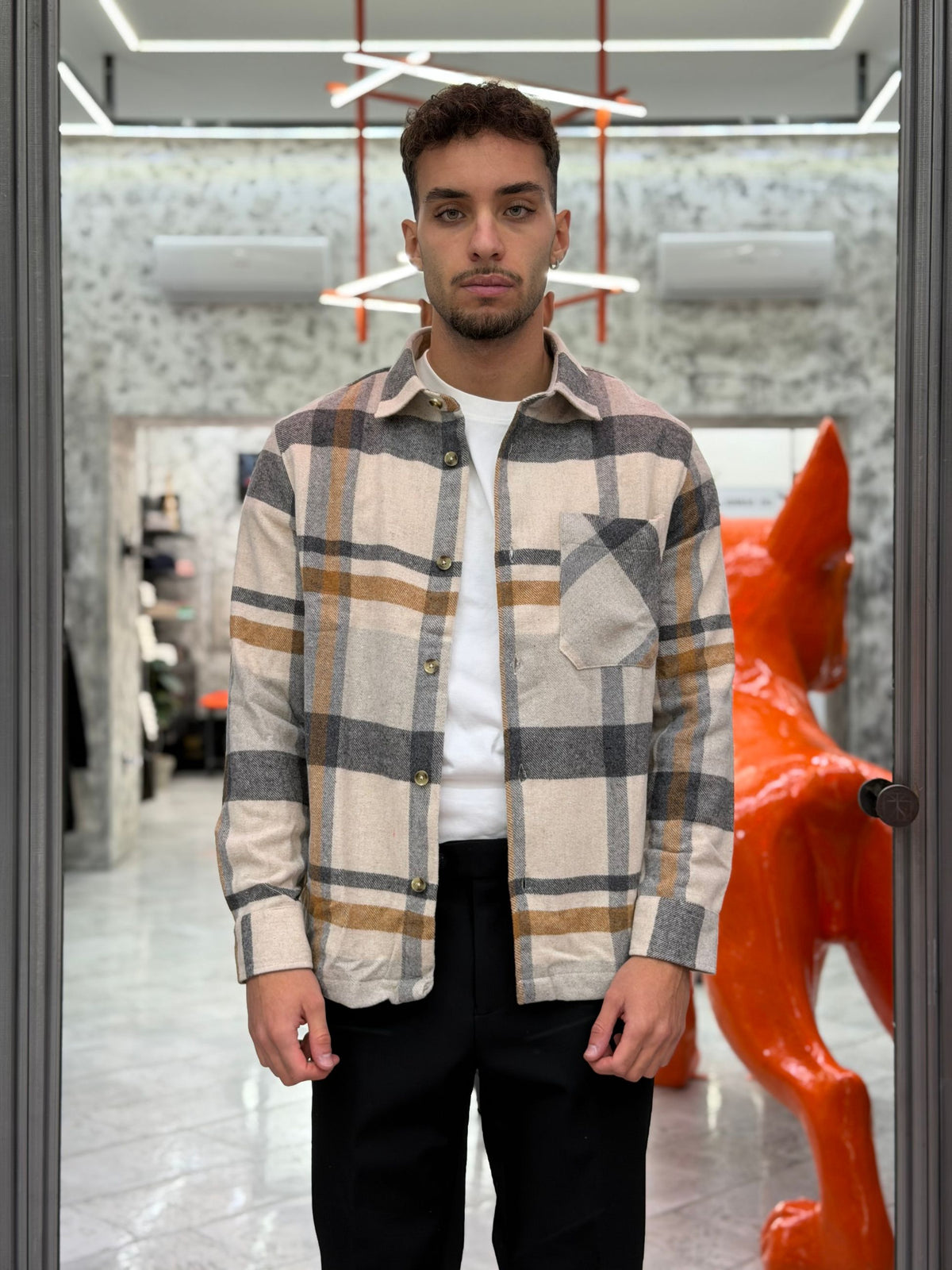 OVERSHIRT A QUADRI IN FLANELLA CON TASCA A TOPPA LATO CUORE - REGULAR FIT CI1165SS.BEI