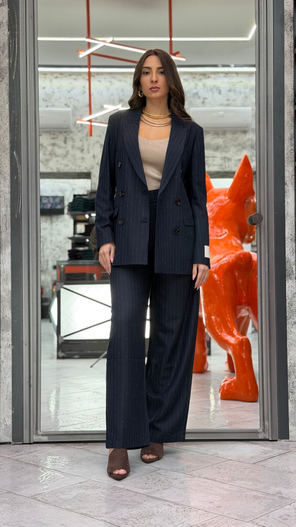 PANTALONE GESSATO DA COMPLETO CON FILO LUREX - WIDE LEG FIT GLD7059PA.BLU