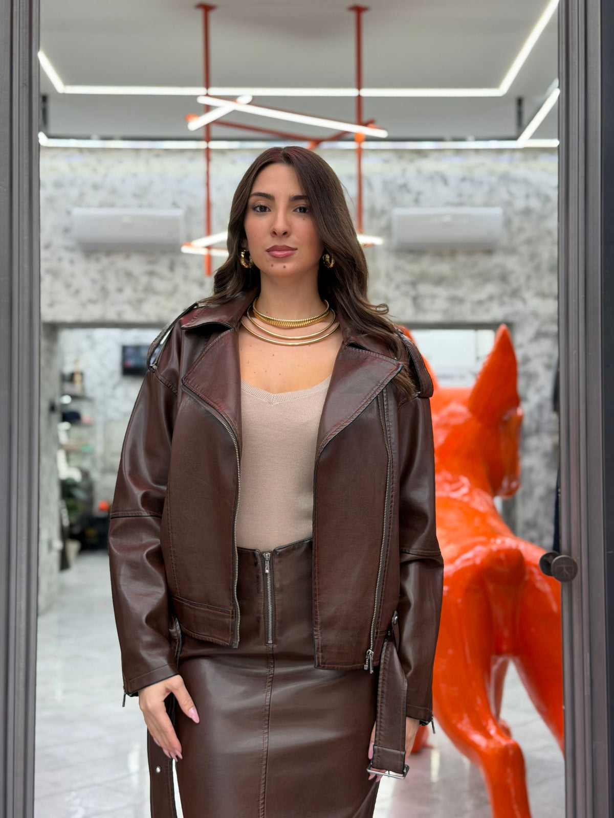 GIUBBINO MODELLO CHIODO IN ECOPELLE CON CINTURA - OVER FIT GLD9005JW.MOR