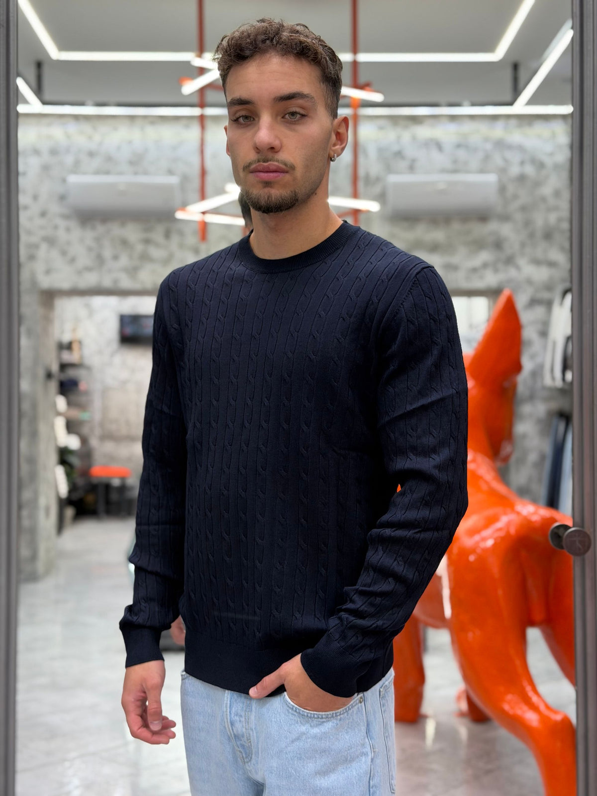 MAGLIA GIROCOLLO TRAMA TRECCIA FINEZZA 12 IN MORBIDA VISCOSA - SLIM FIT MK2900041.BLU
