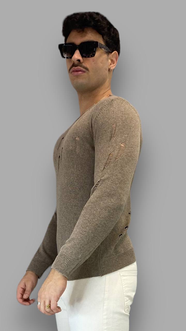 MAGLIA GIROCOLLO IN FILO CON ABRASIONI - SLIM FIT