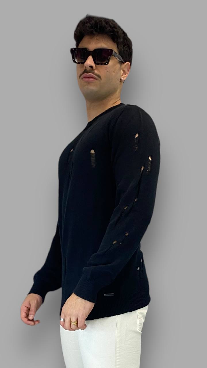 MAGLIA GIROCOLLO IN FILO CON ABRASIONI - SLIM FIT