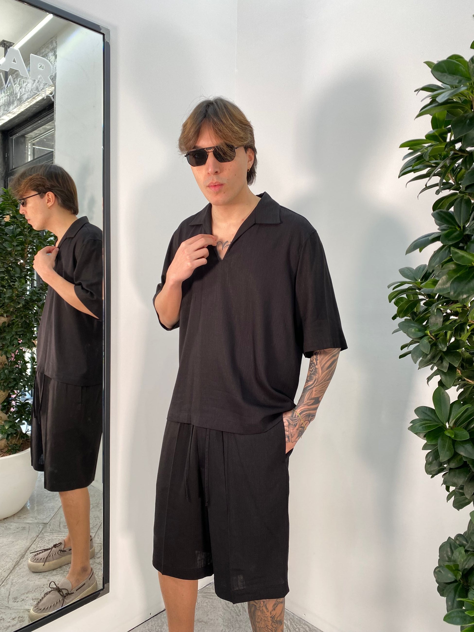 POLO CAMICIA MEZZA MANICA IN MISTO LINO EFFETTO FIAMMATO - OVER FIT CA3306.NER