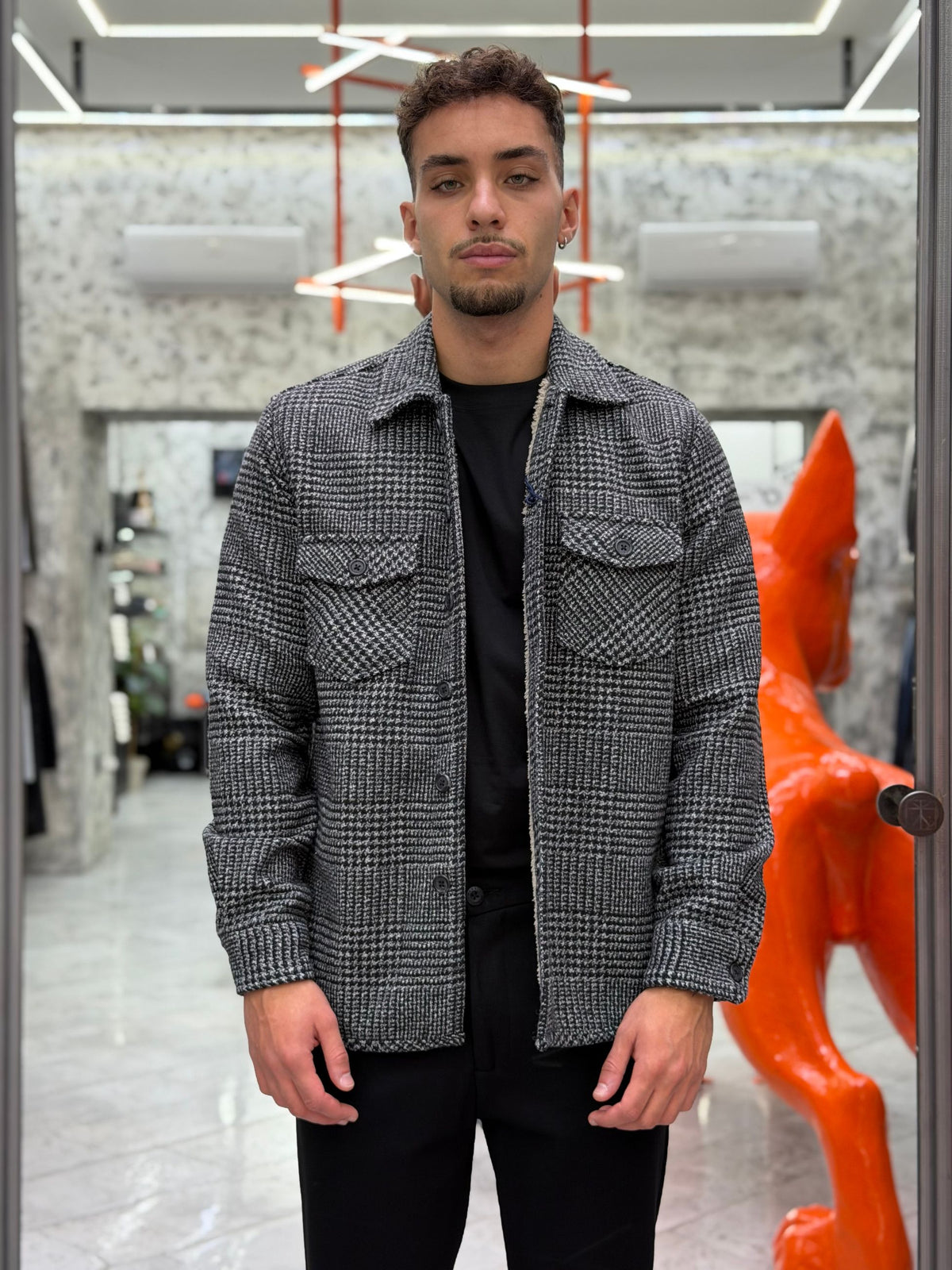 OVERSHIRT IN FLANELLA PRINCIPE DI GALLES CON ECOPELLICCIA ALL'INTERNO - REGULAR FIT 27W14OS FLA1012