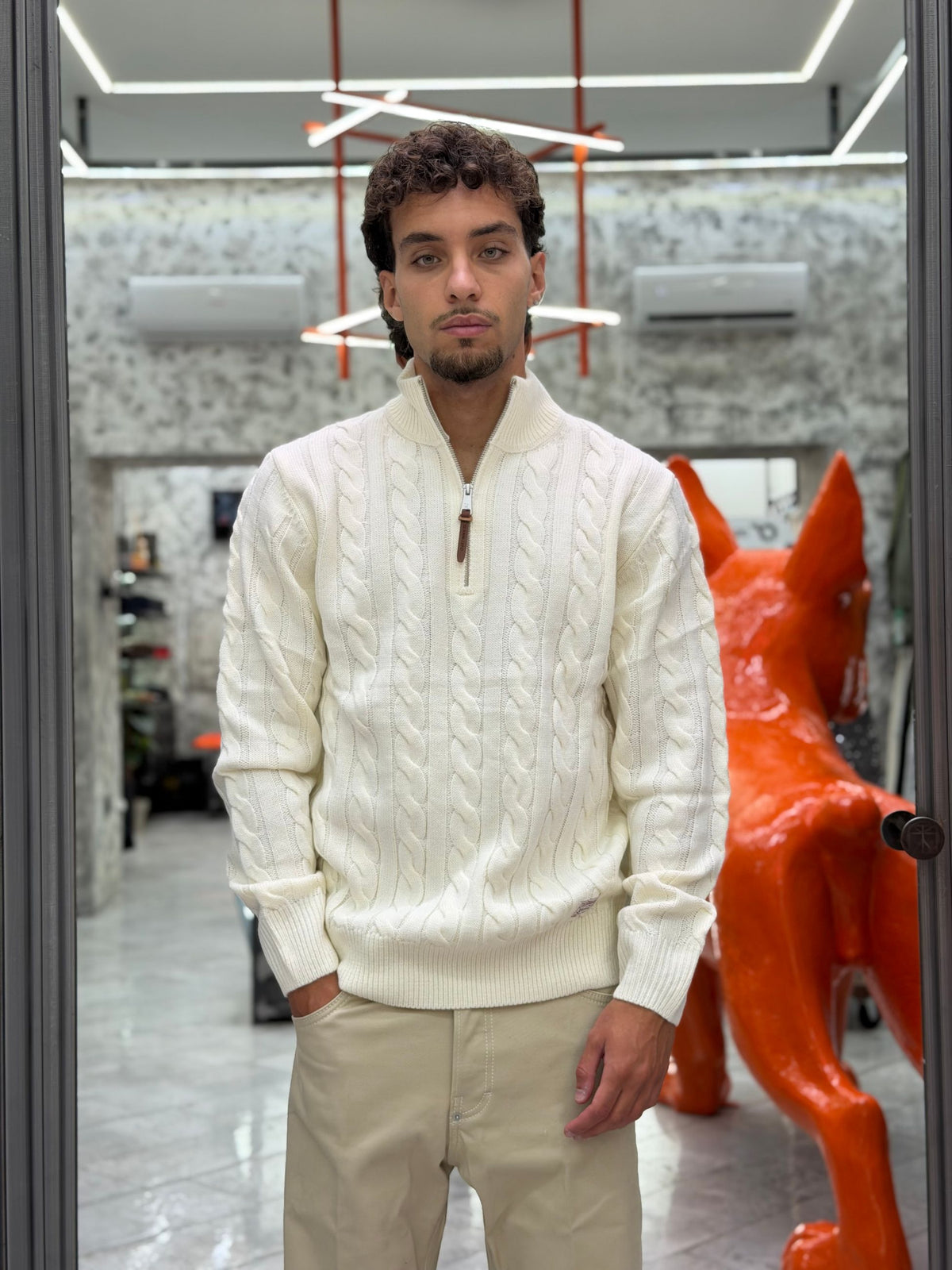MAGLIA COLLO ALTO MEZZA ZIP IN MISTO LANA CON TRAMA TRECCIA - REGULAR FIT GL35632.PAN