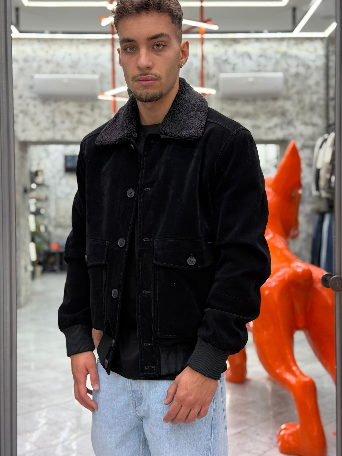 GIUBBINO ECOPELLE COLLO ECOPELLICCIA REMOVIBILE CON TASCHE ED ELASTICO AL FONDO - REGULAR FIT GL9857.NER