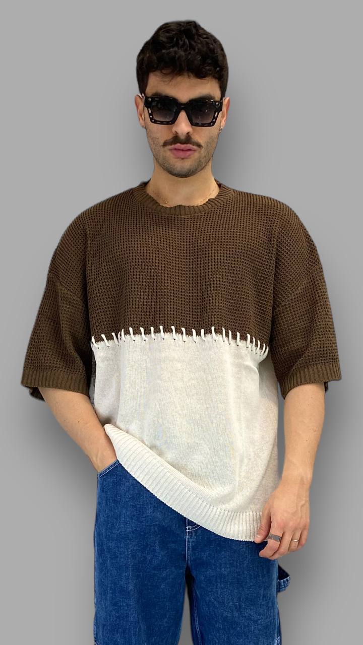 T-SHIRT IN FILO BICOLOR CON RICAMO CENTRALE - OVERSIZE FIT
