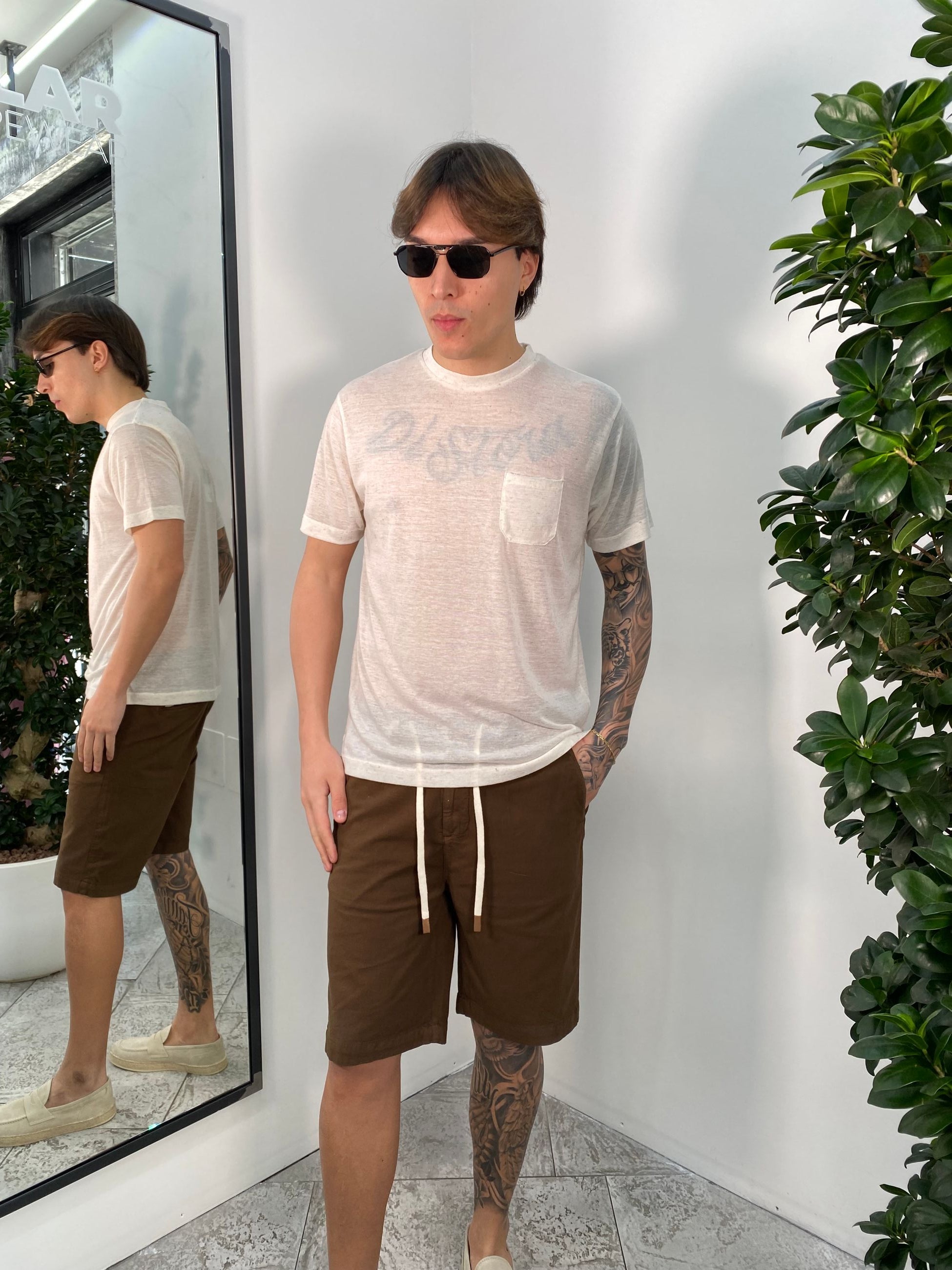 T-SHIRT IN MISTO LINO EFFETTO PUNTINATO CON TASCHINO - REGULAR FIT TE2956SS.OFFW