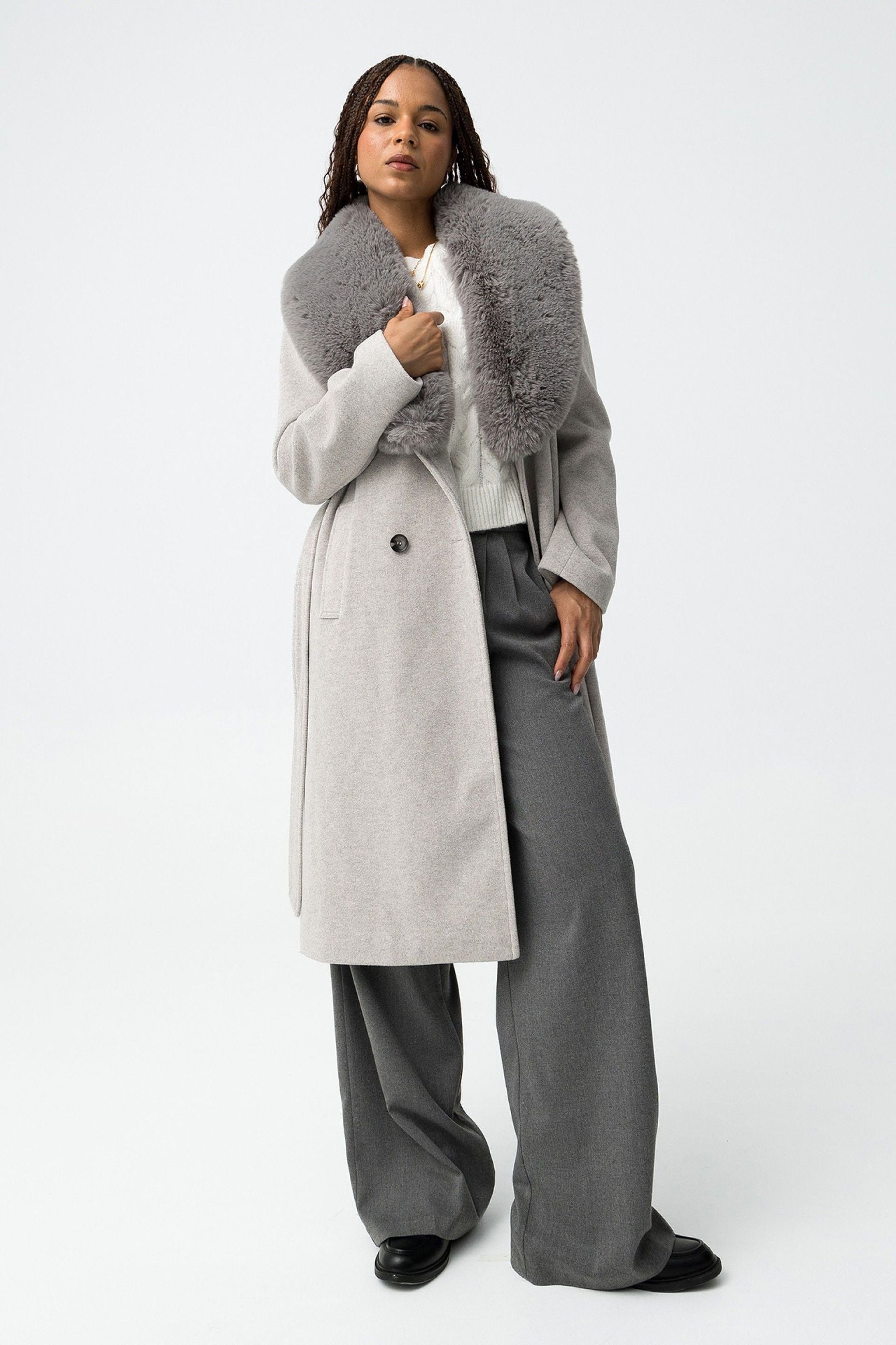 ELEGANTE CAPPOTTO LUNGO KATRIN CON PELLICCIA REMVIBILE E CINTURA - RELAXED FIT 10066031.GRI