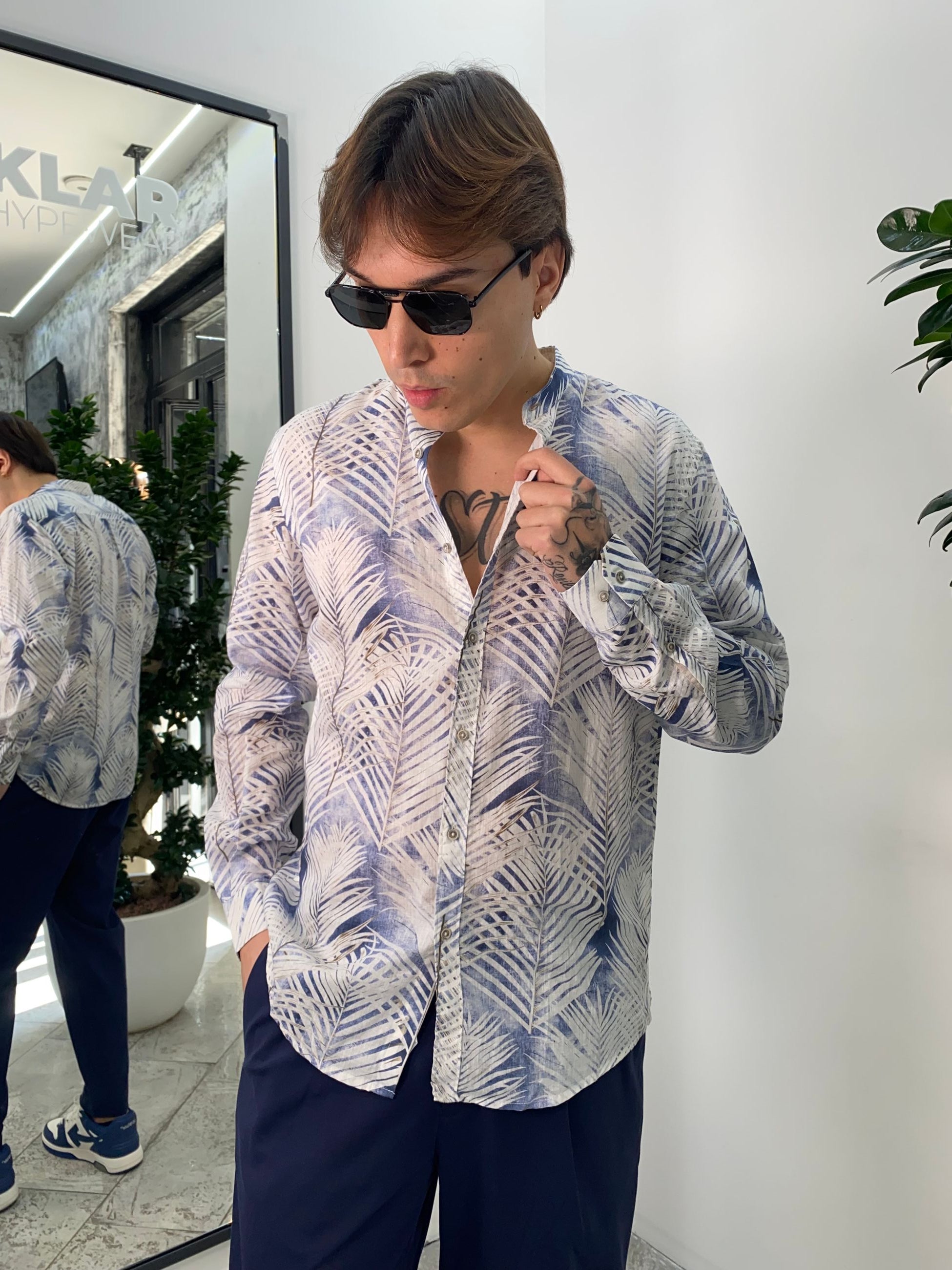 CAMICIA COREANA FANTASIA IN MISTO LINO/COTONE - REGULAR FIT FIOLIN528.LTBLUE