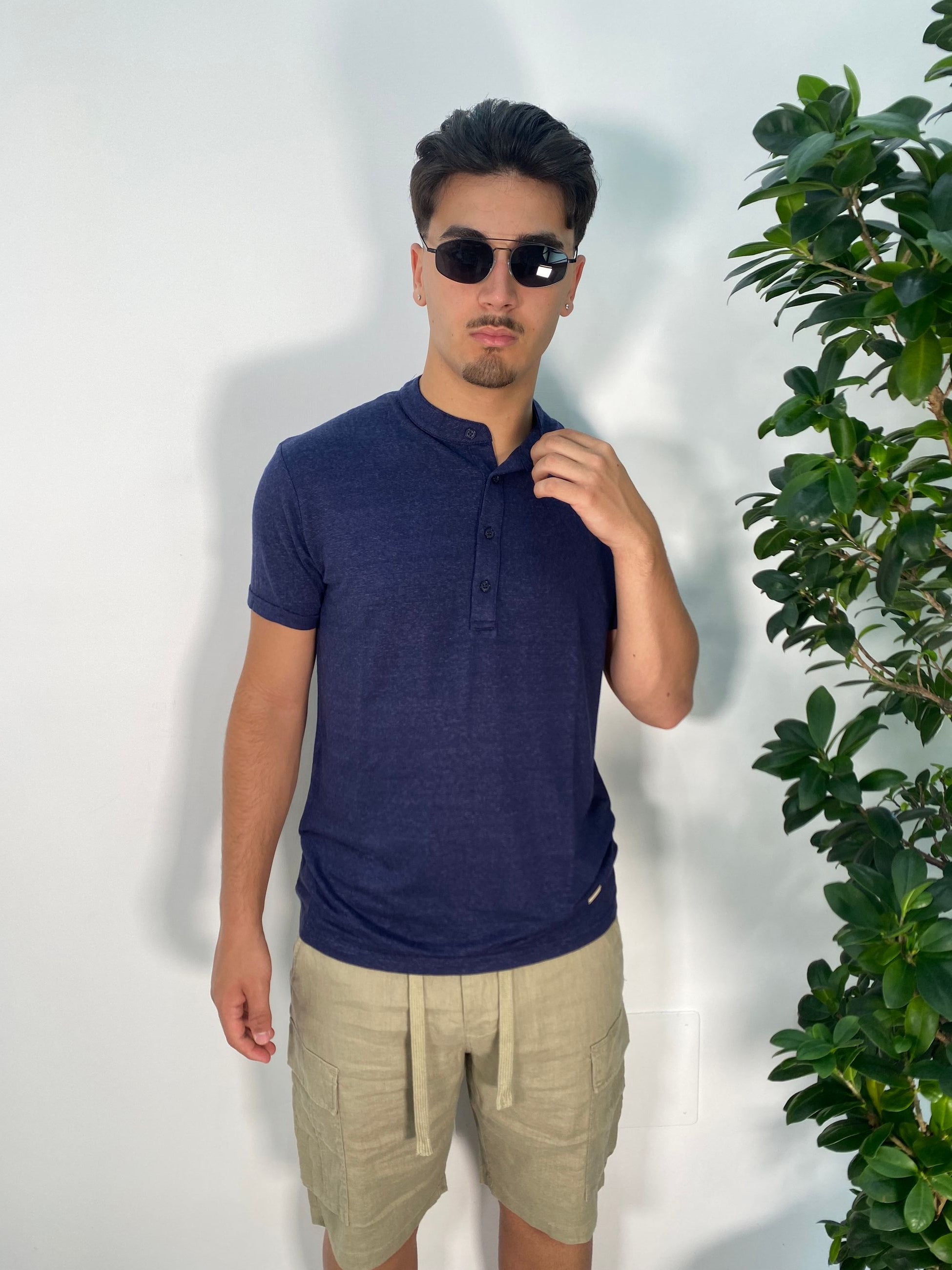 T-SHIRT SERAFINO 4 BOTTONI IN MISTO LINO/VISCOSA - REGULAR FIT GL2277F.BLU