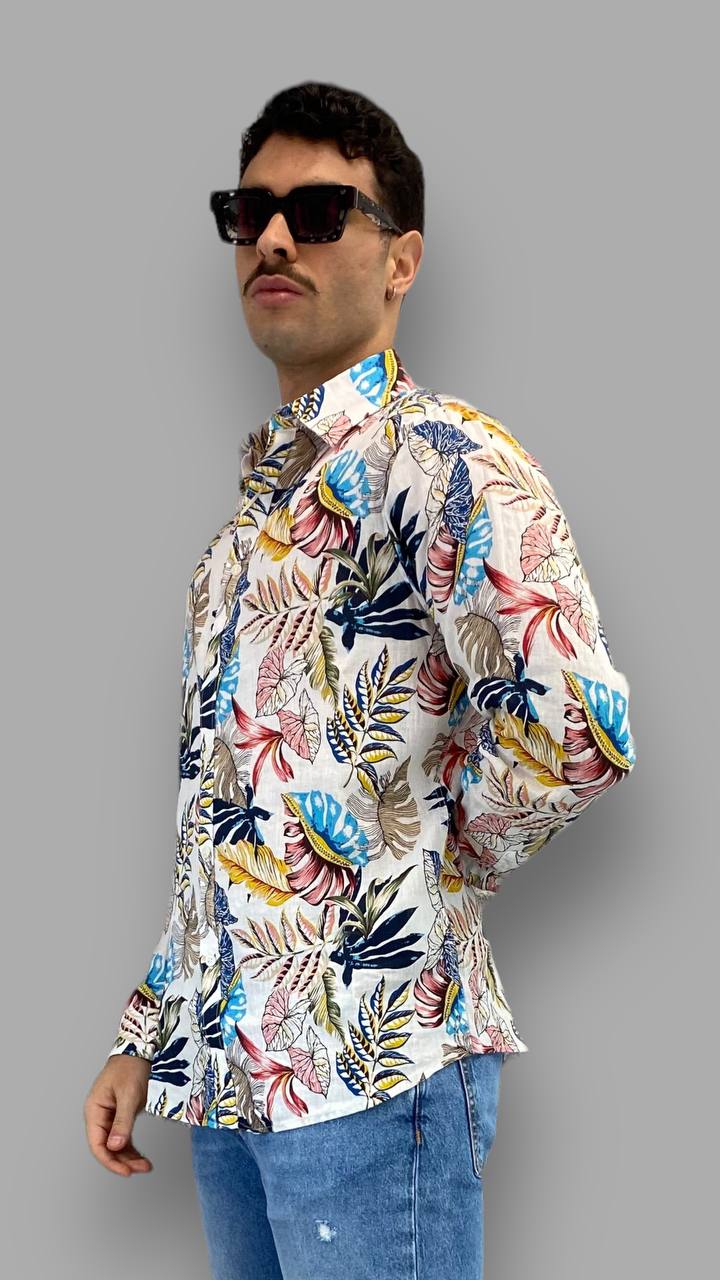 CAMICIA IN 100% LINO FANTASIA TROPICALE CON COLLO ALL'ITALIANA - REGULAR FIT