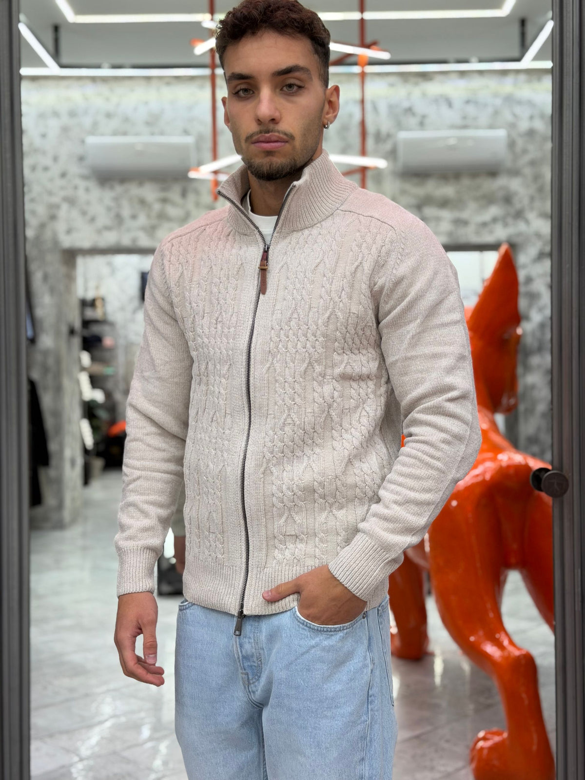 MAGLIA FULL ZIP TRAMA TRECCE - REGULAR FIT GL35634.ICE