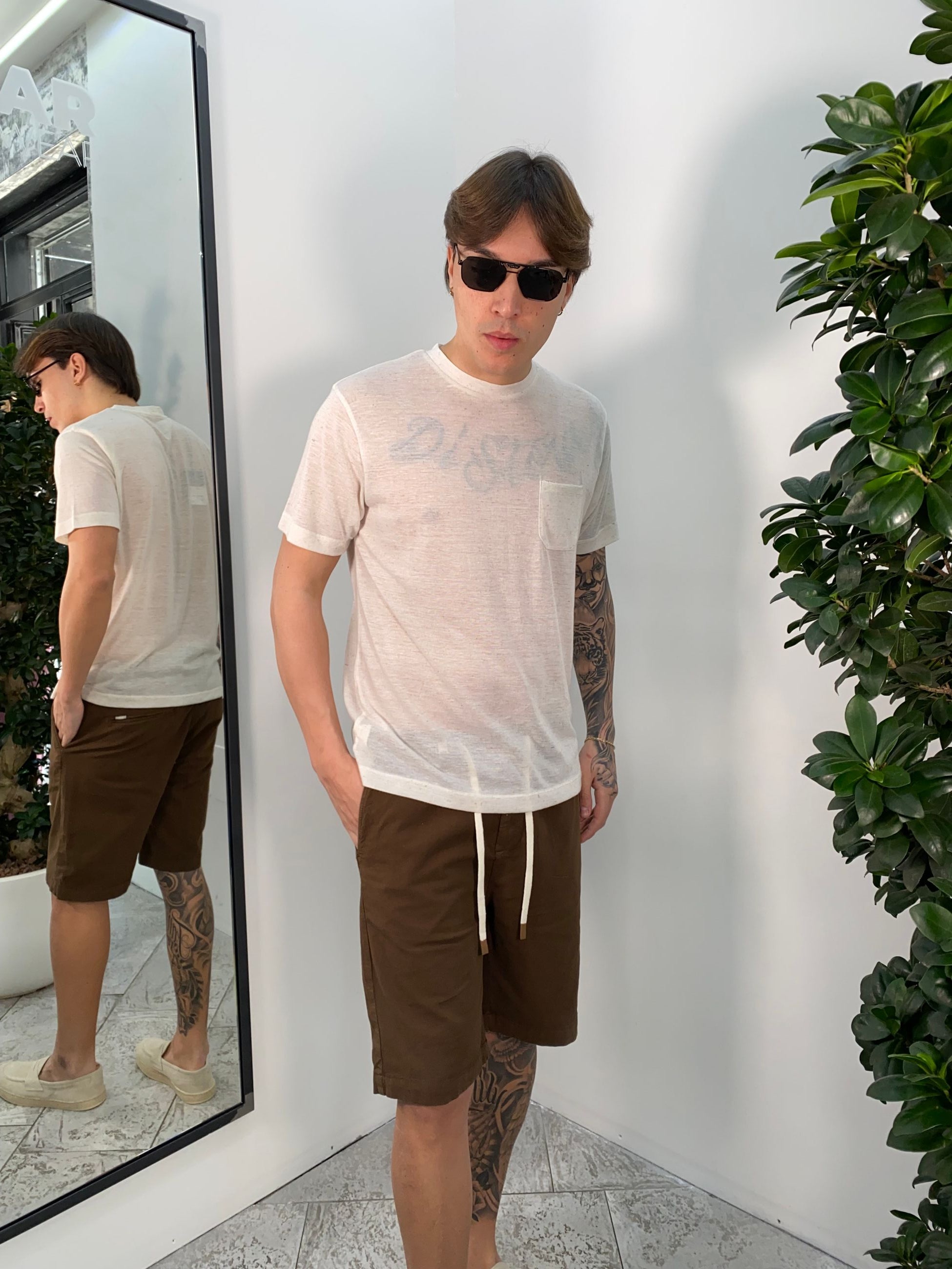 T-SHIRT IN MISTO LINO EFFETTO PUNTINATO CON TASCHINO - REGULAR FIT TE2956SS.OFFW