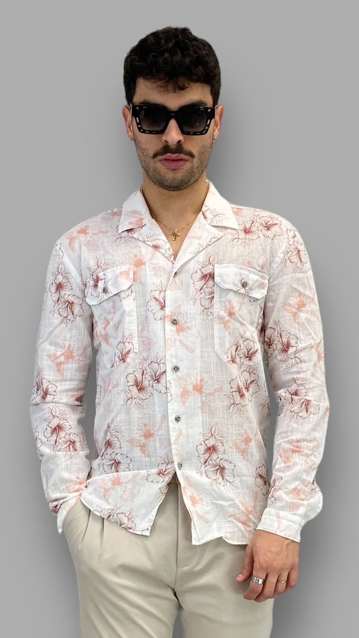 GIACCA CAMICIA IN PREGIATO LINO CON TASCHE A TOPPA E FANTASIA FIORI - REGULAR FIT