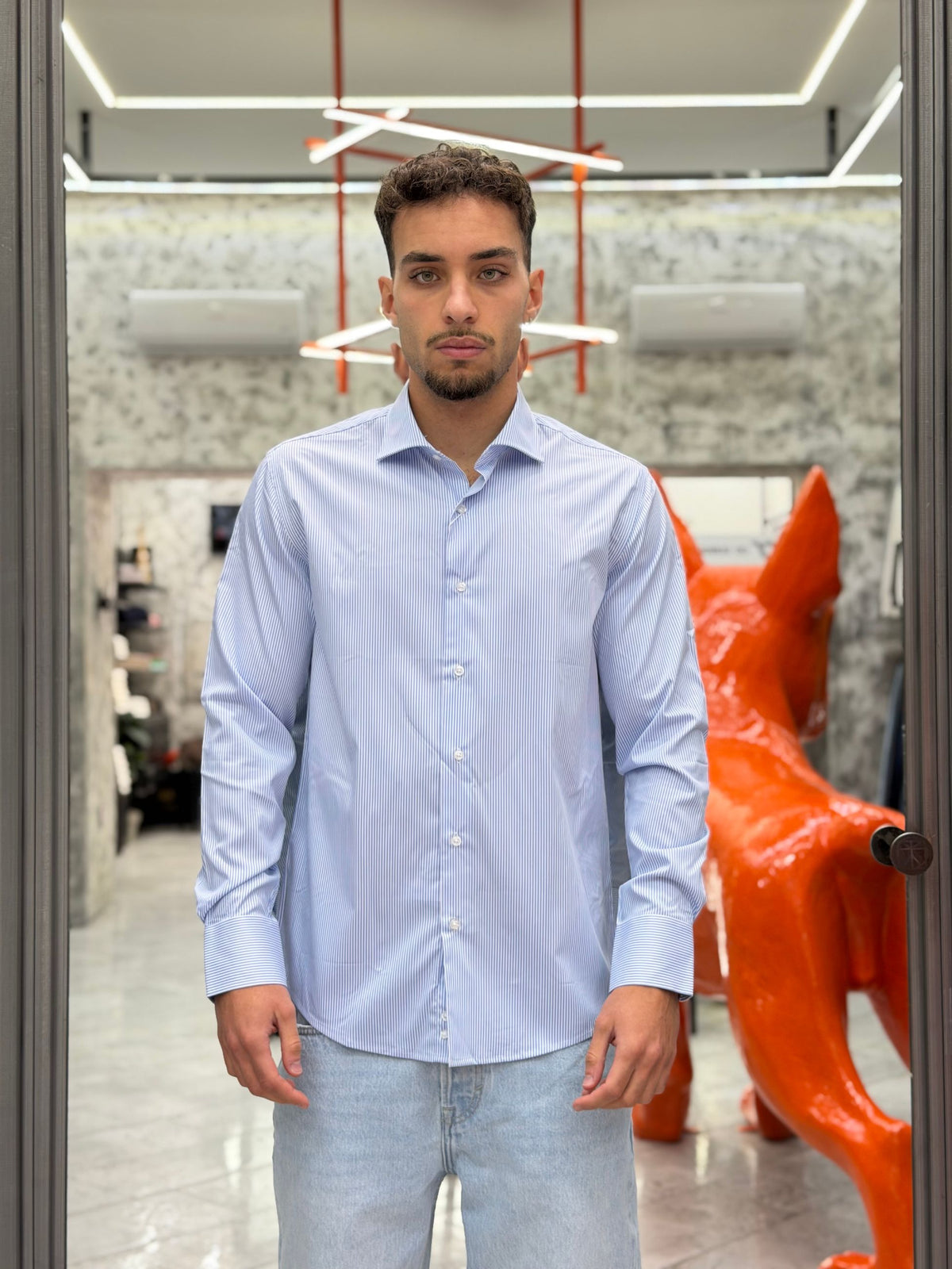 CAMICIA NO STIRO COLLO ITALIANO A RIGHE STRETTE - SLIM FIT 6603.CEL