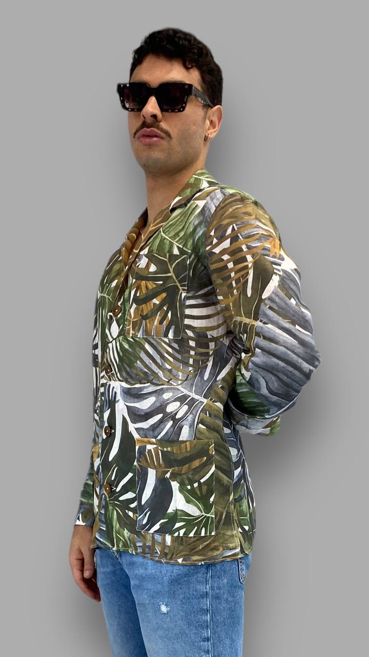 GIACCA CAMICIA IN 100% LINO CON BOTTONI EFFETTO LEGNO FANTASIA TROPICALE - REGULAR FIT