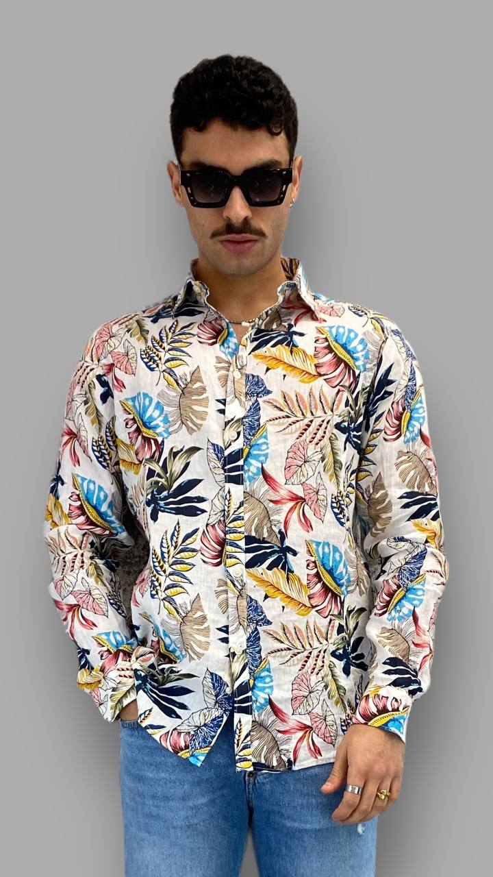 CAMICIA IN 100% LINO FANTASIA TROPICALE CON COLLO ALL'ITALIANA - REGULAR FIT