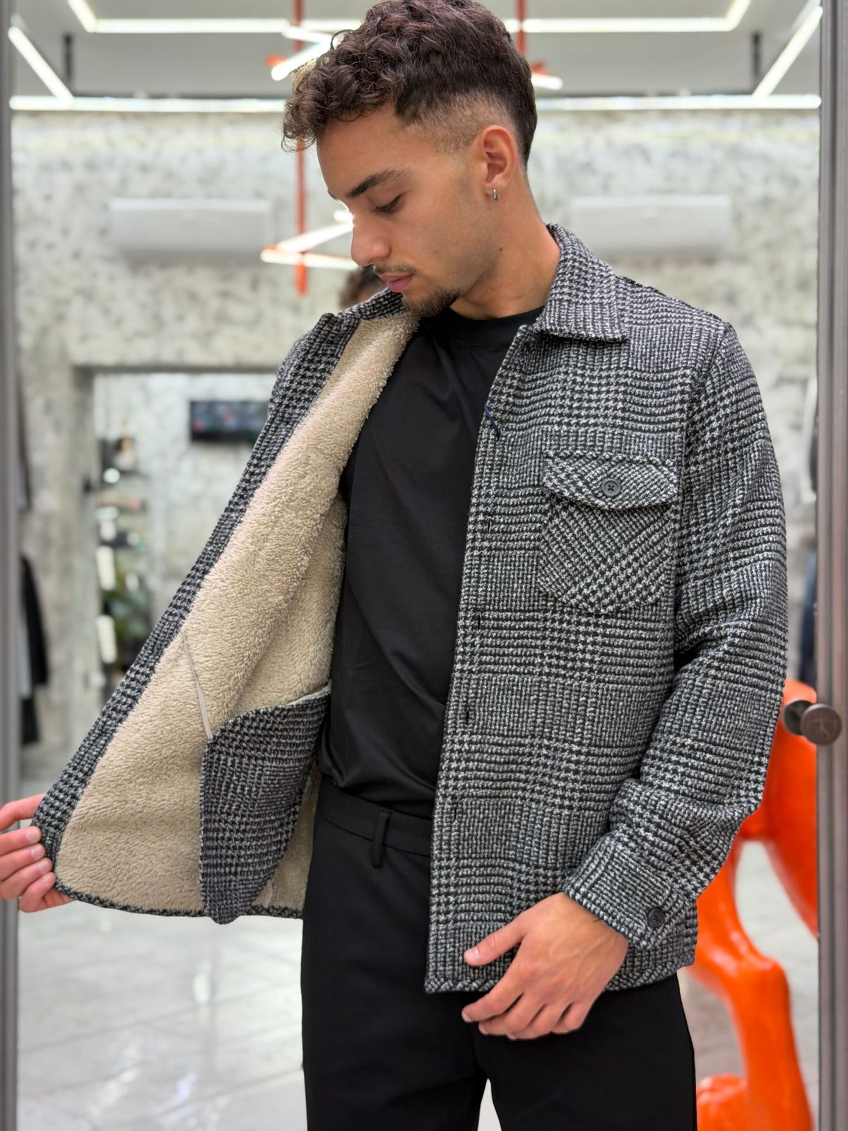 OVERSHIRT IN FLANELLA PRINCIPE DI GALLES CON ECOPELLICCIA ALL'INTERNO - REGULAR FIT 27W14OS FLA1012